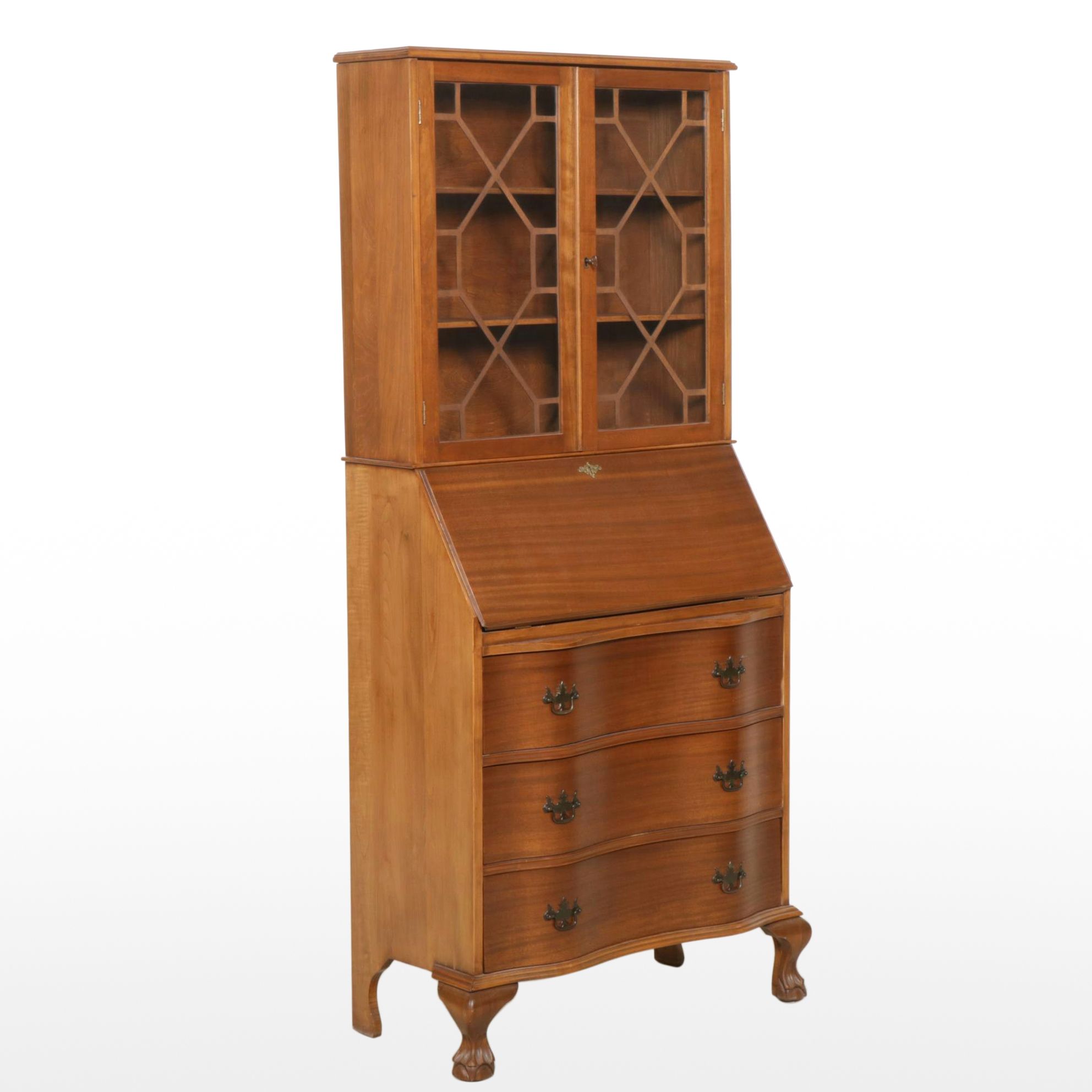 Chippendale Style Mahogany Serpentine Front Secretary Desk and Bookcase