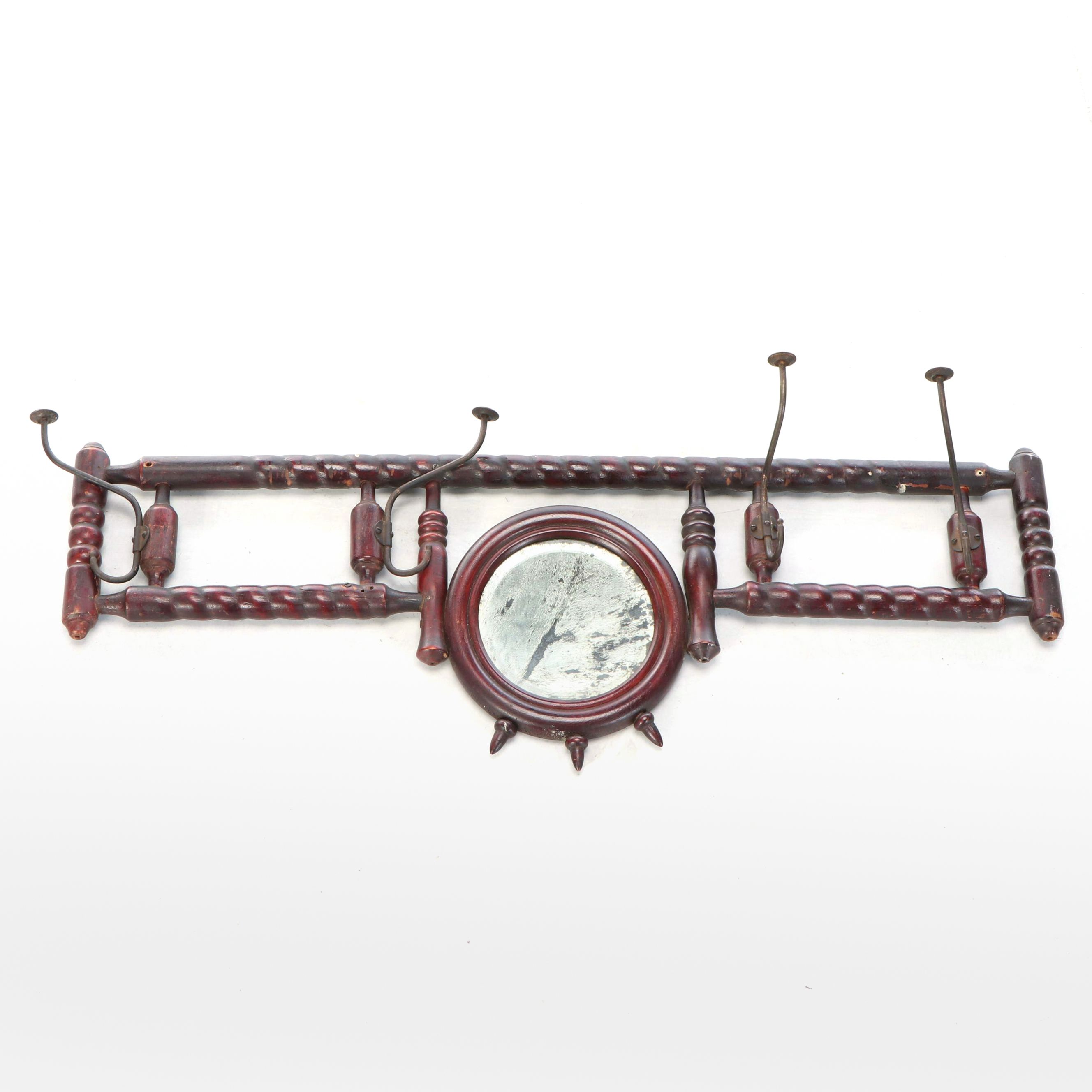 Edwardian Carved Wood Wall Hanging Hat Rack with Mirror, Early 20th Century
