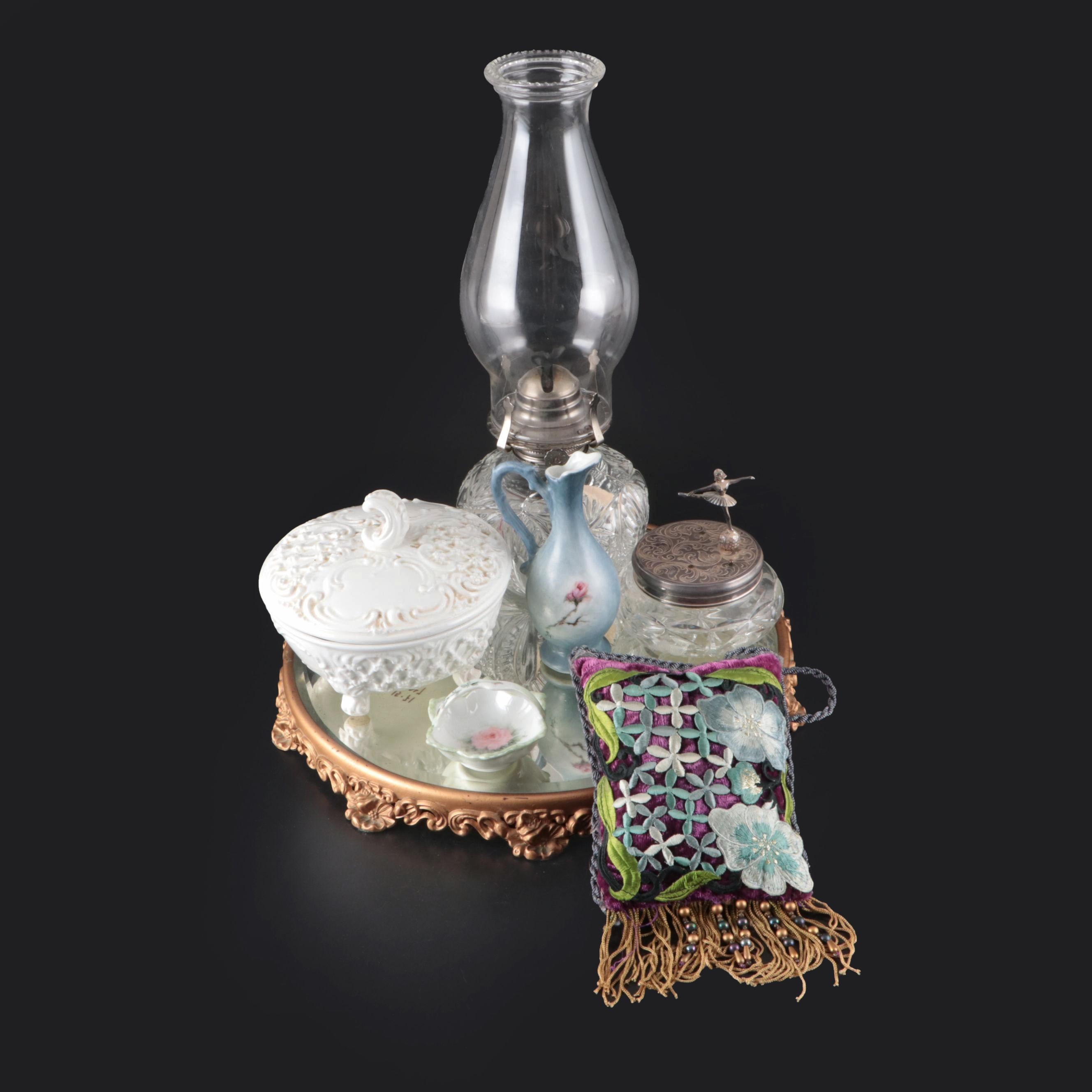 Victorian Style Pillow Pin Cushion with Mirrored Plateau and Other Decor