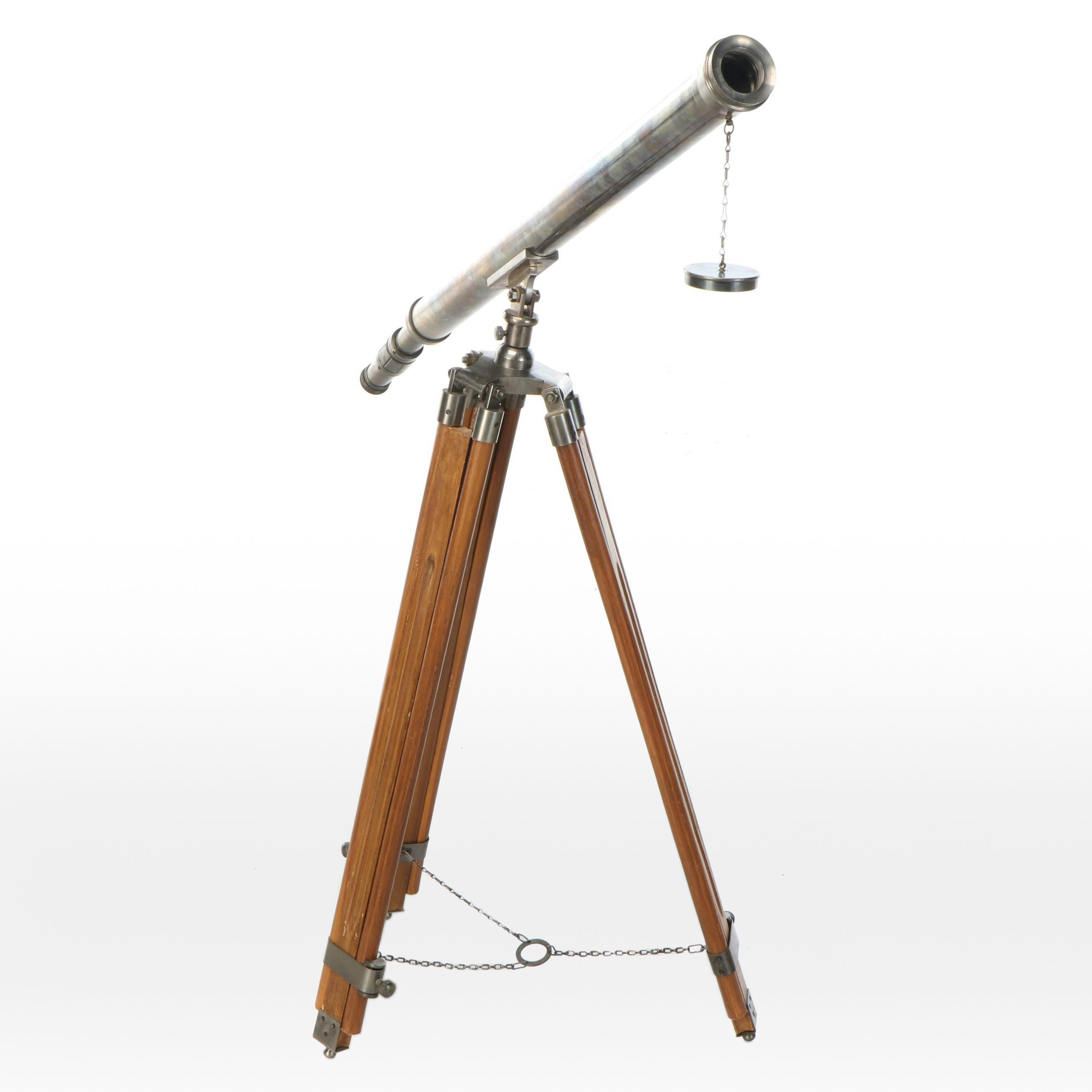 Silver Plate Telescope on Wooden Tripod, Early 20th Century