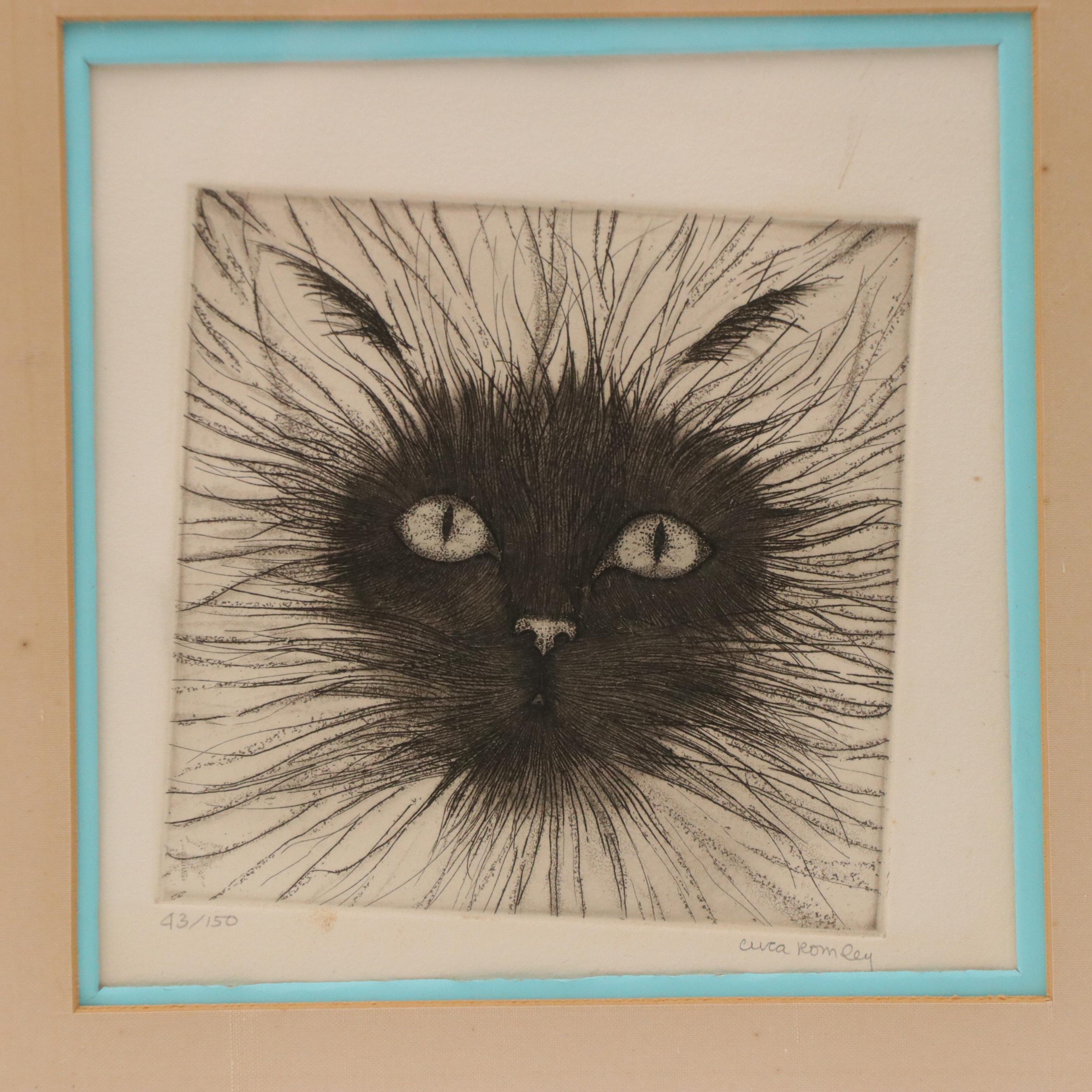 Cuca Romley Etching of Cat, Late 20th Century