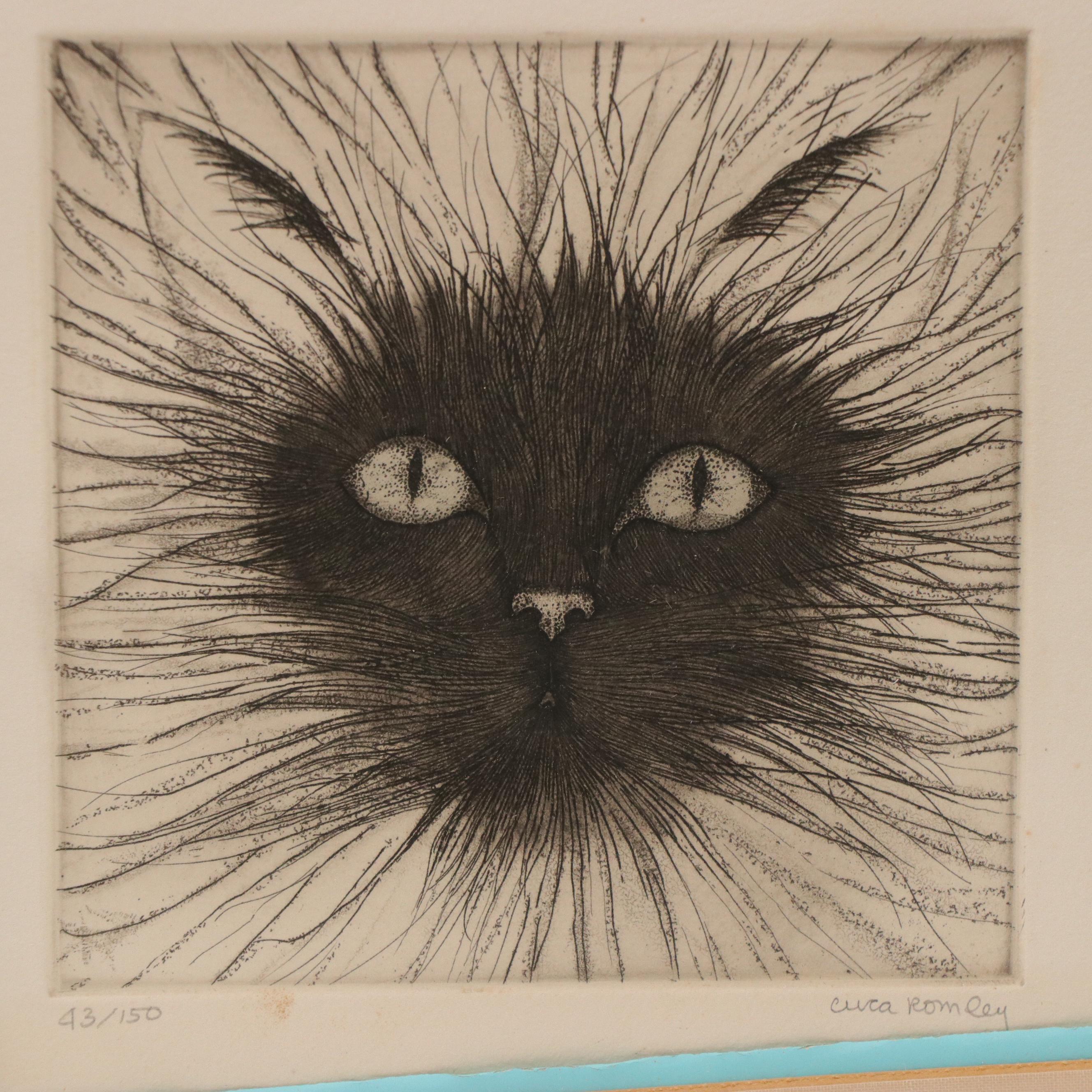 Cuca Romley Etching of Cat, Late 20th Century
