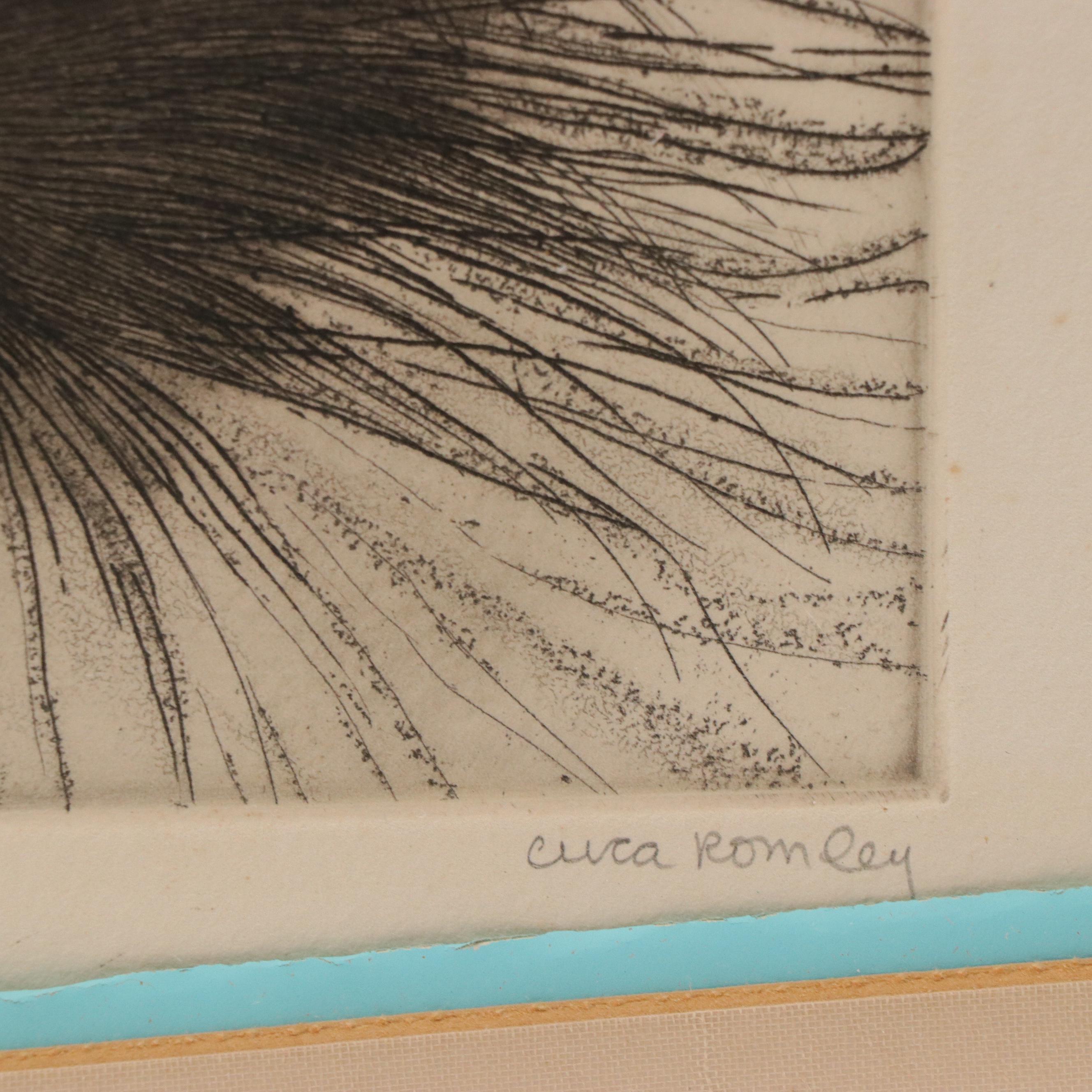 Cuca Romley Etching of Cat, Late 20th Century