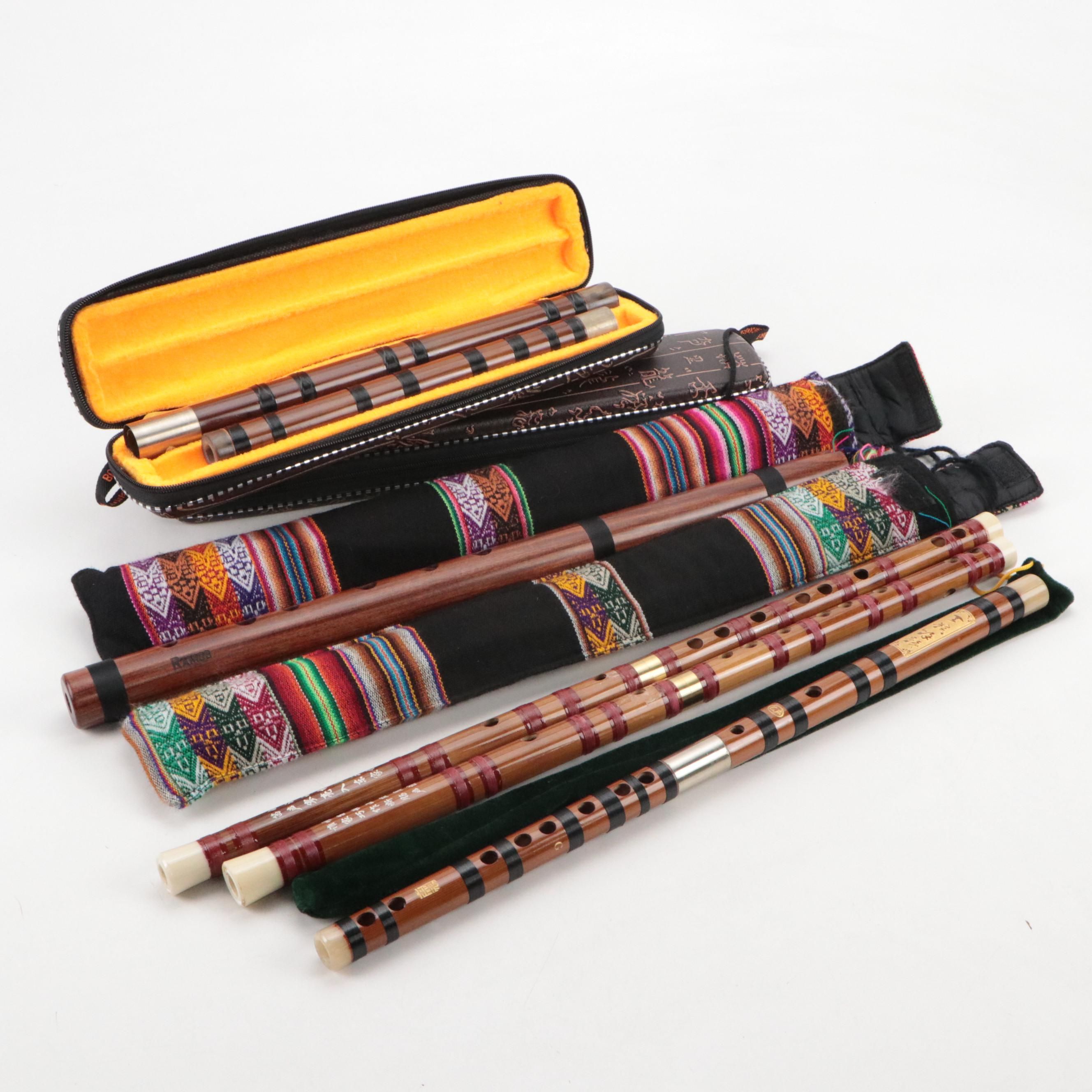 Chinese Bamboo Dizi Flutes with Wood Quena and Cases