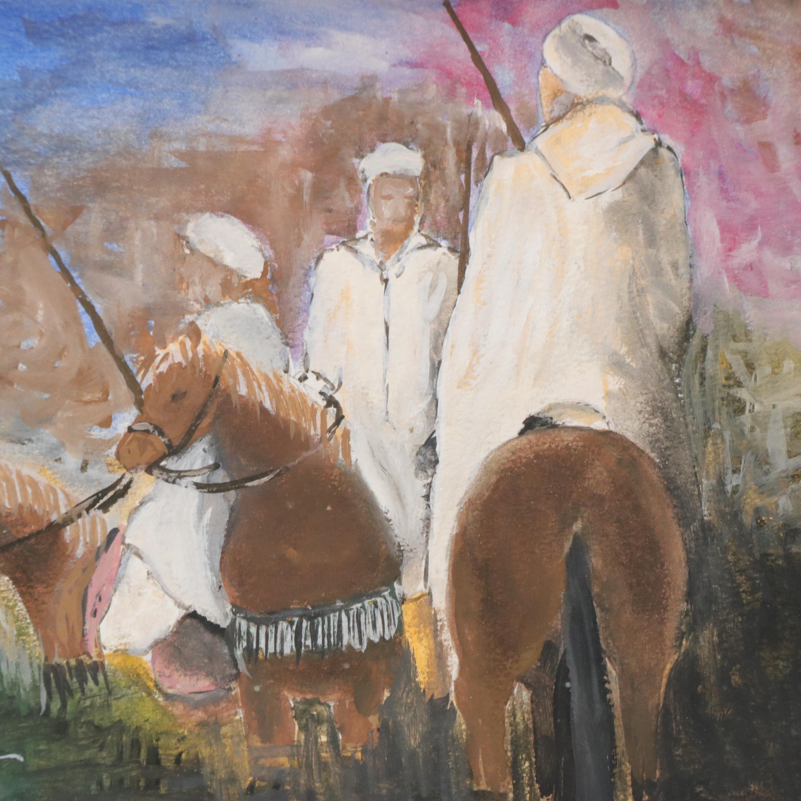 Watercolor and Gouache Painting of Horses and Riders, Late 20th Century