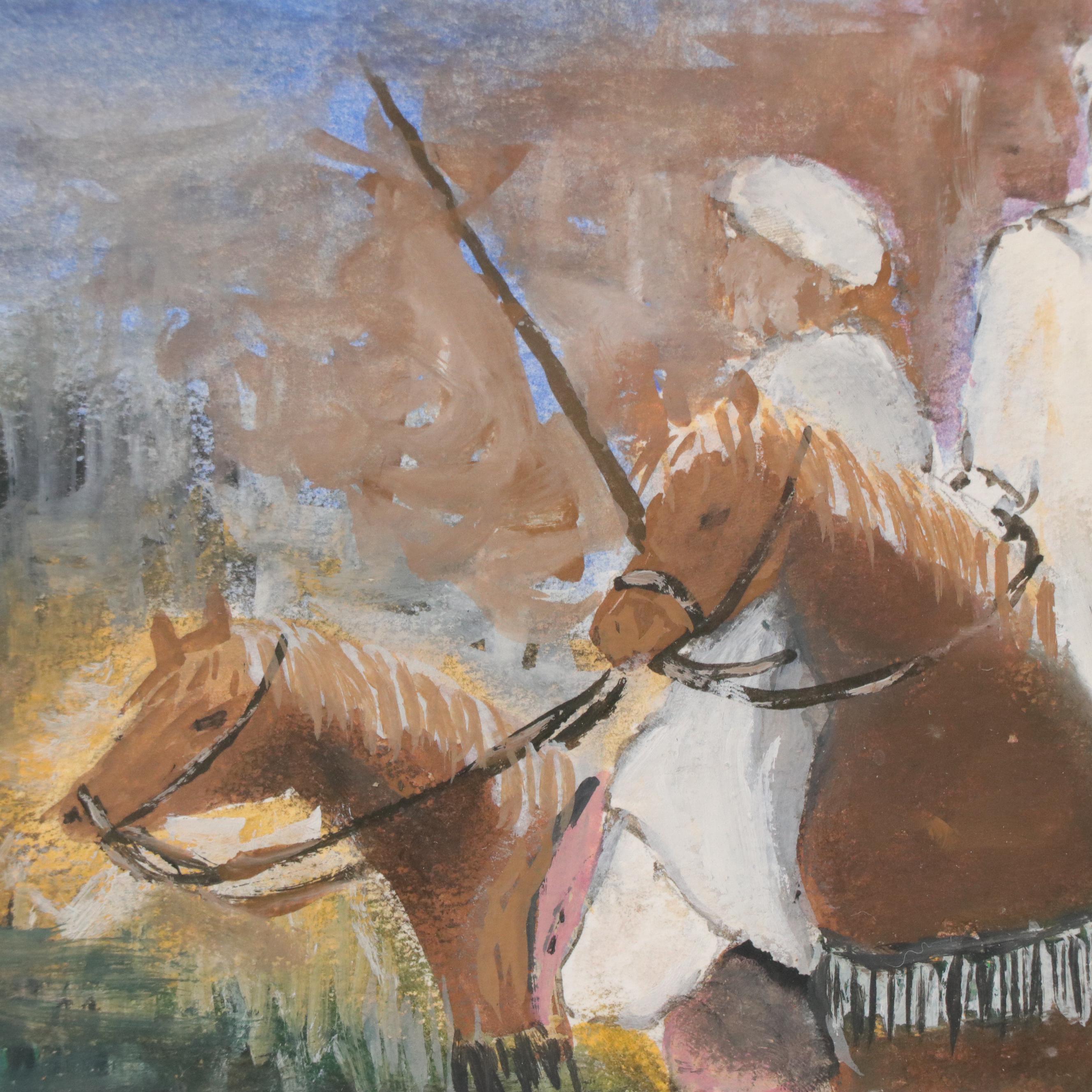 Watercolor and Gouache Painting of Horses and Riders, Late 20th Century