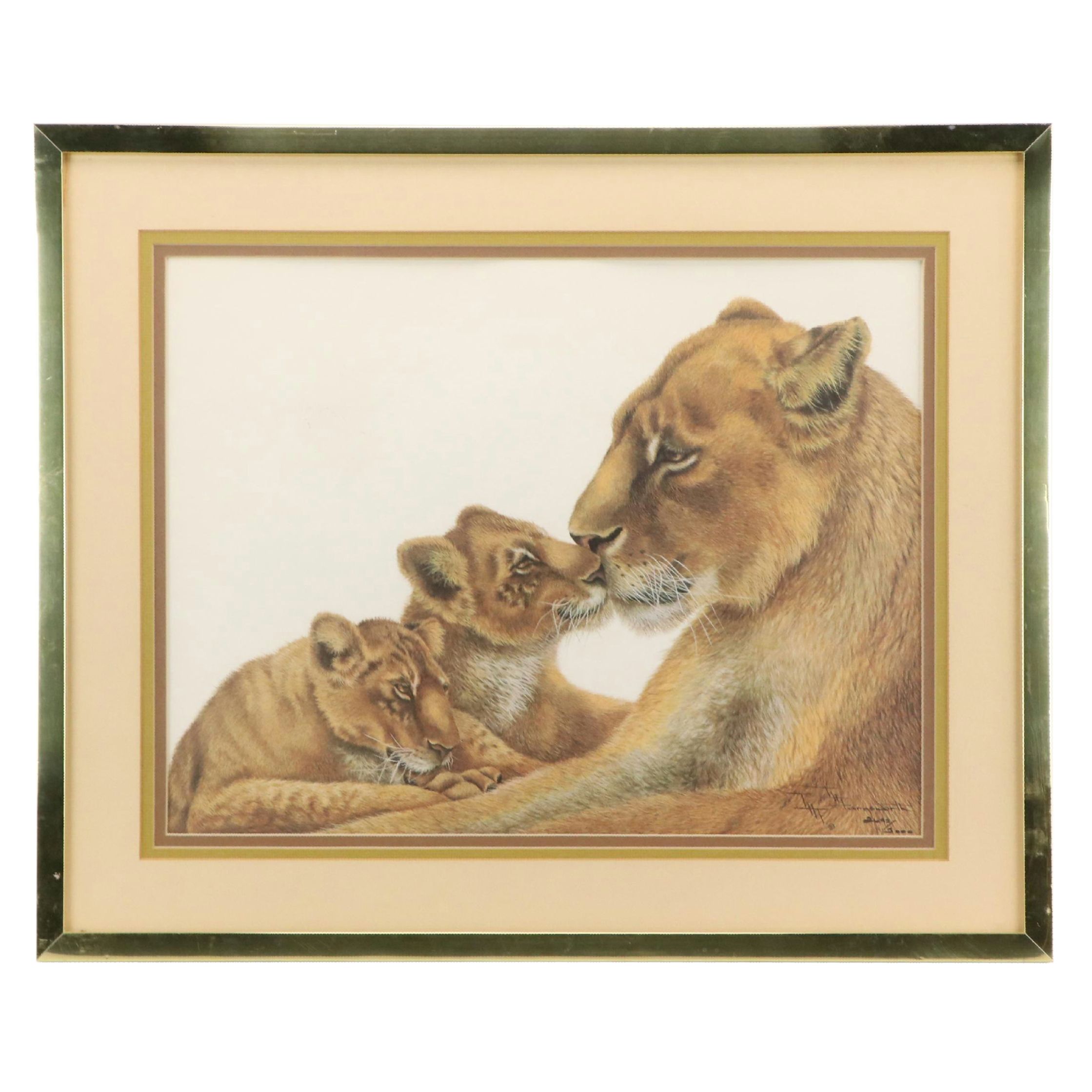 Imogene Hudson Farnsworth Offset Lithograph "African Lioness and Cubs," 1975