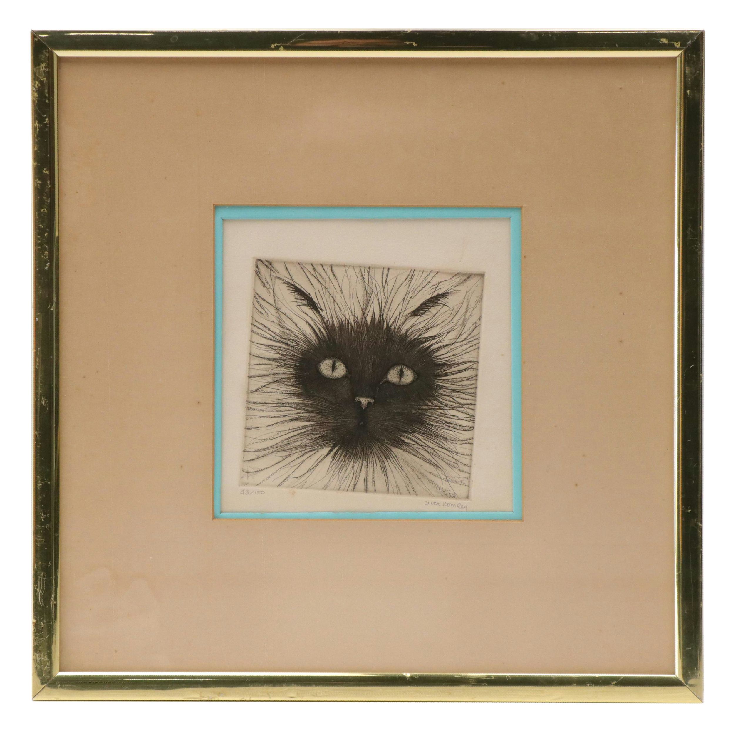 Cuca Romley Etching of Cat, Late 20th Century