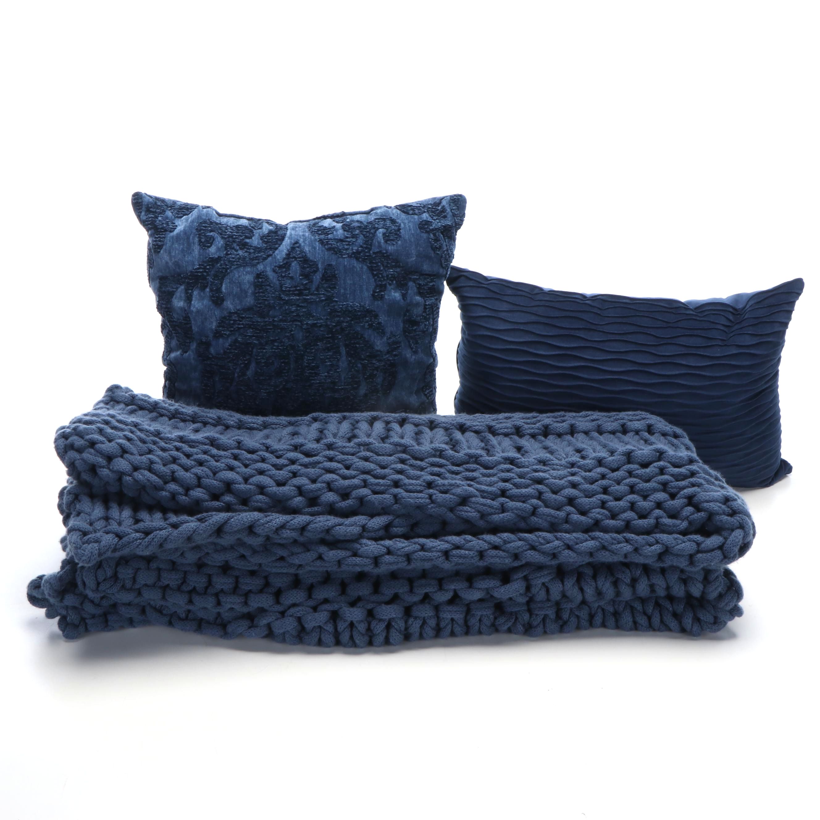 Dark Blue Knit Throw Blanket with Accent Pillows