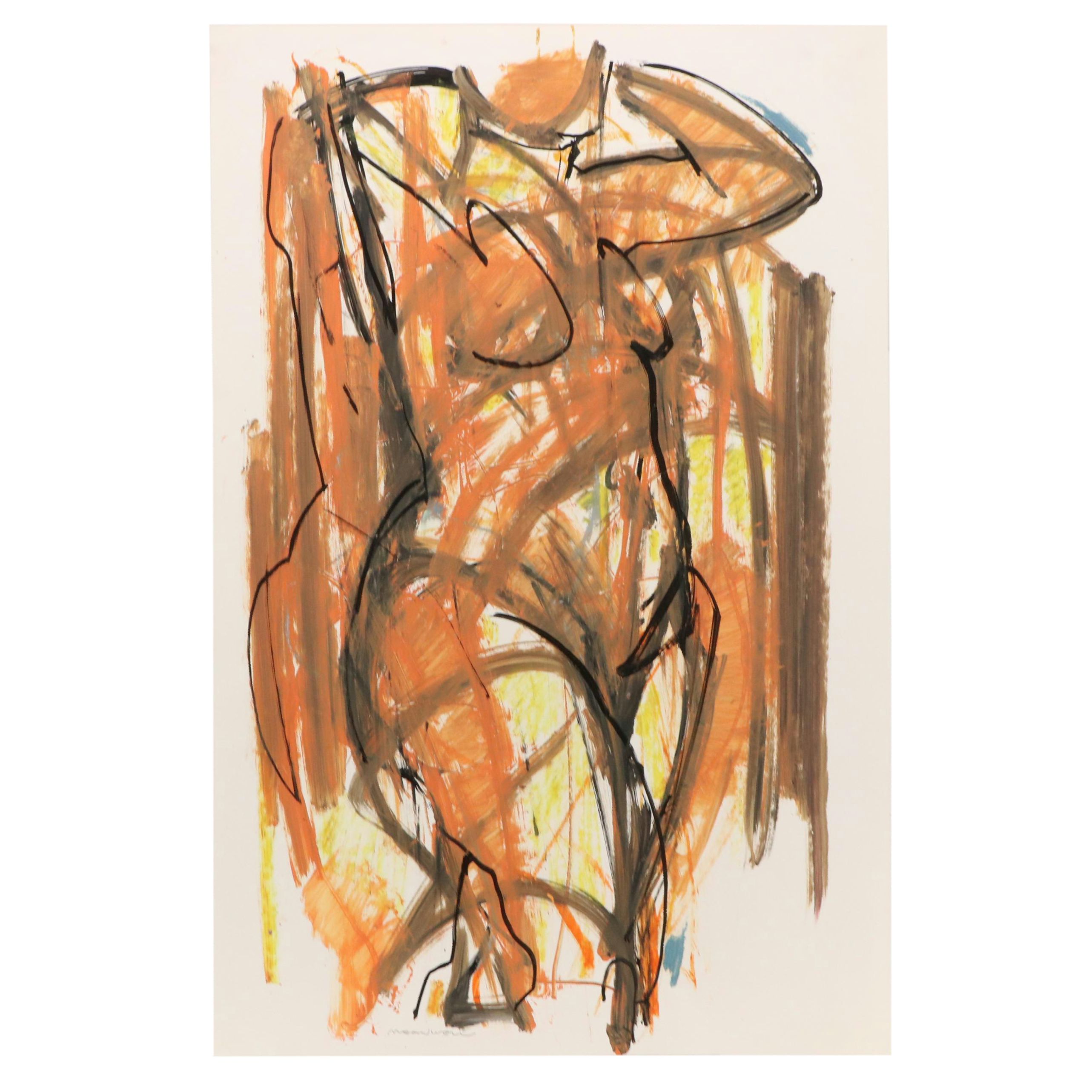 Jack Meanwell Expressionist Mixed Media Figure Drawing, Late 20th Century