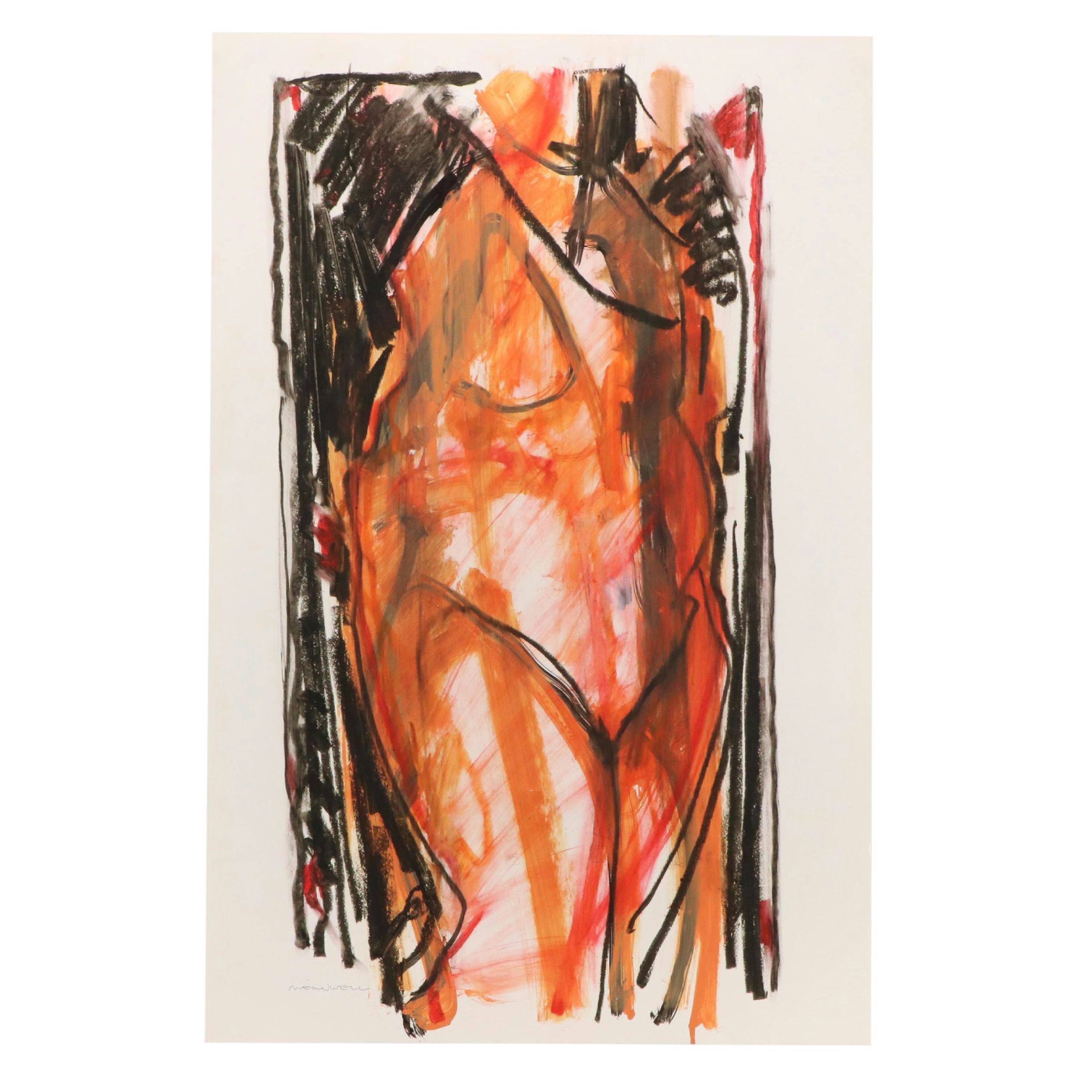 Jack Meanwell Expressionist Mixed Media Figure Drawing, Late 20th Century
