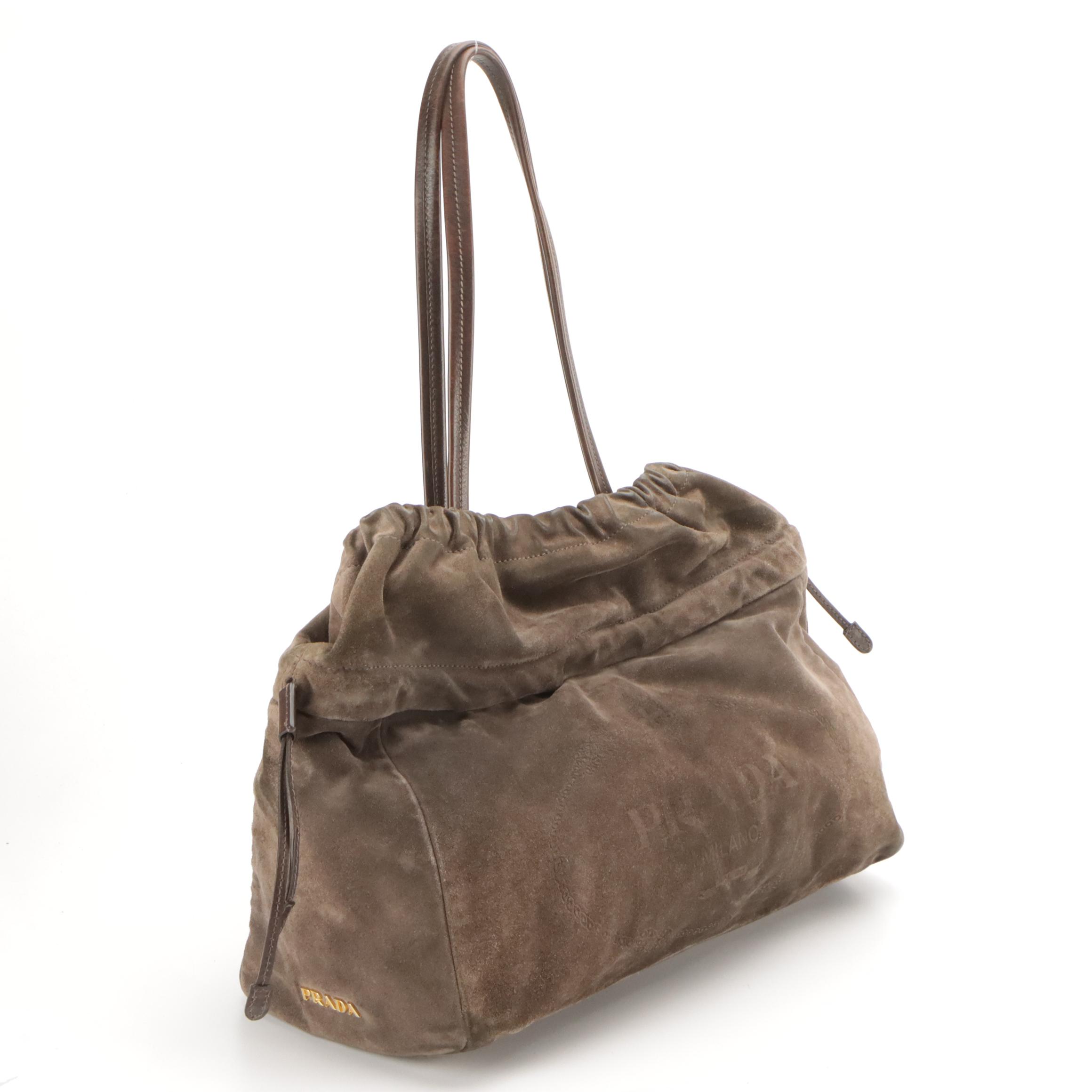 Prada Canapa Brown Suede and Leather Drawstring Shoulder Bag