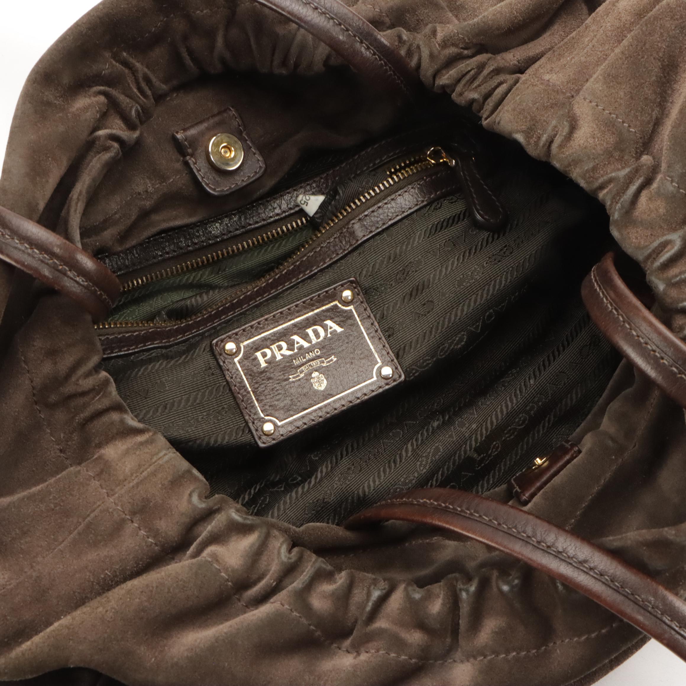 Prada Canapa Brown Suede and Leather Drawstring Shoulder Bag