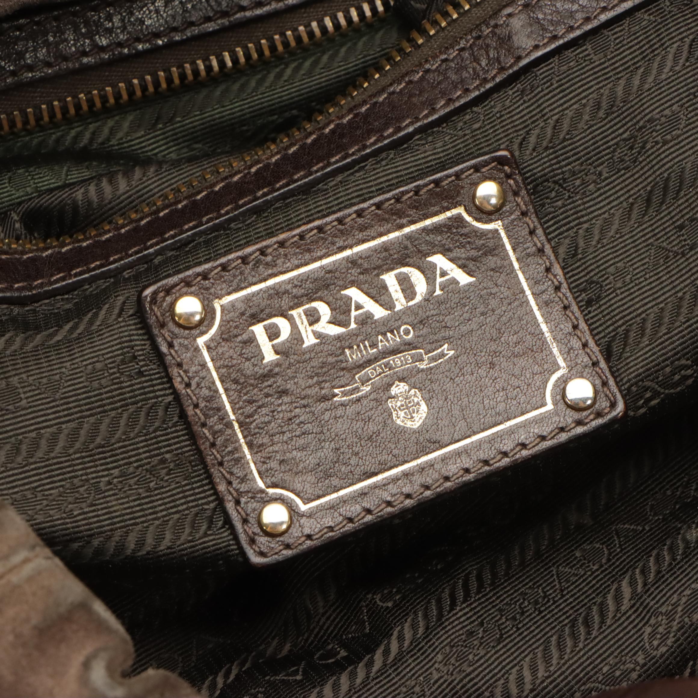 Prada Canapa Brown Suede and Leather Drawstring Shoulder Bag