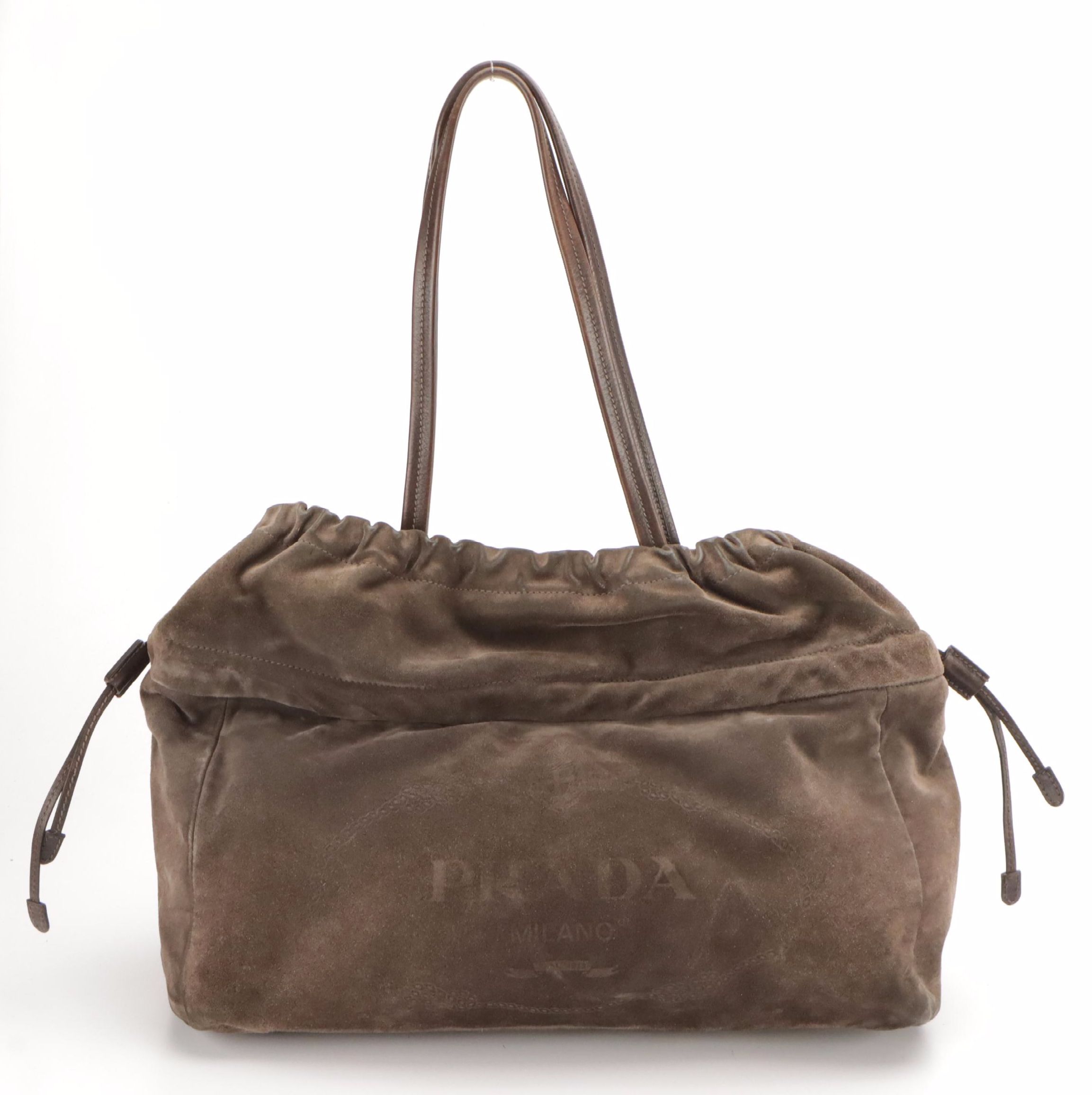 Prada Canapa Brown Suede and Leather Drawstring Shoulder Bag