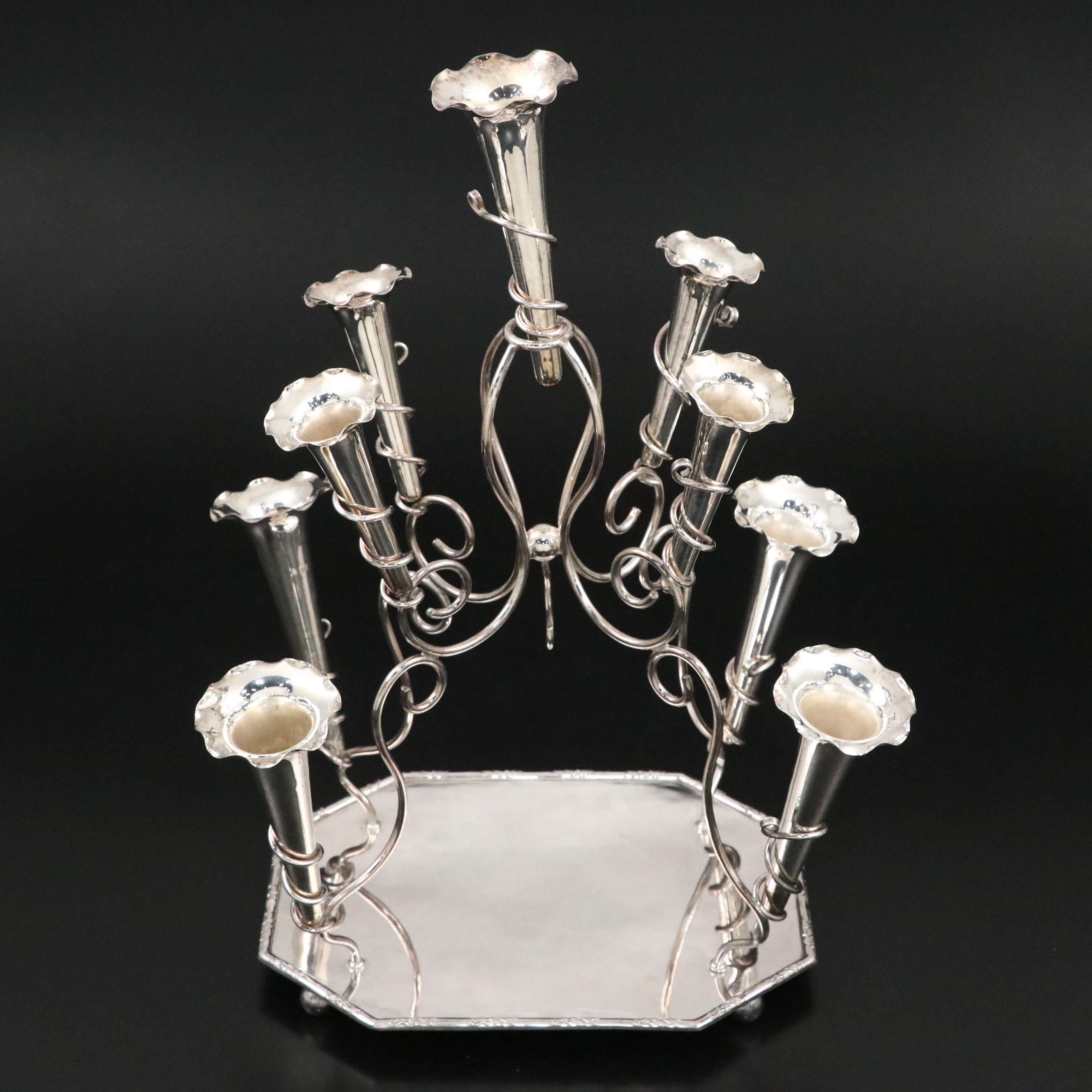 English Silver Plate Nine-Vase Epergne, Early to Mid-20th C.