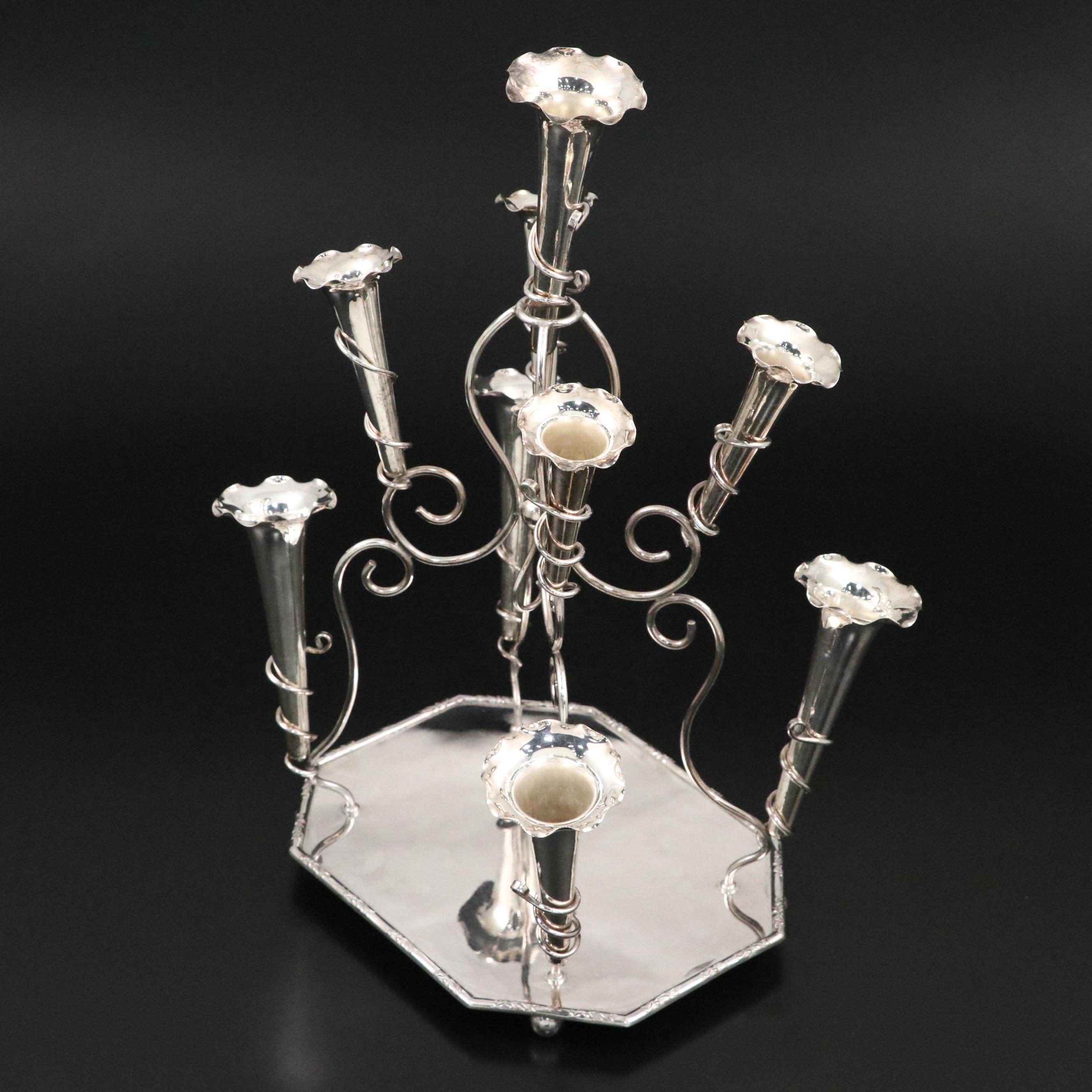 English Silver Plate Nine-Vase Epergne, Early to Mid-20th C.