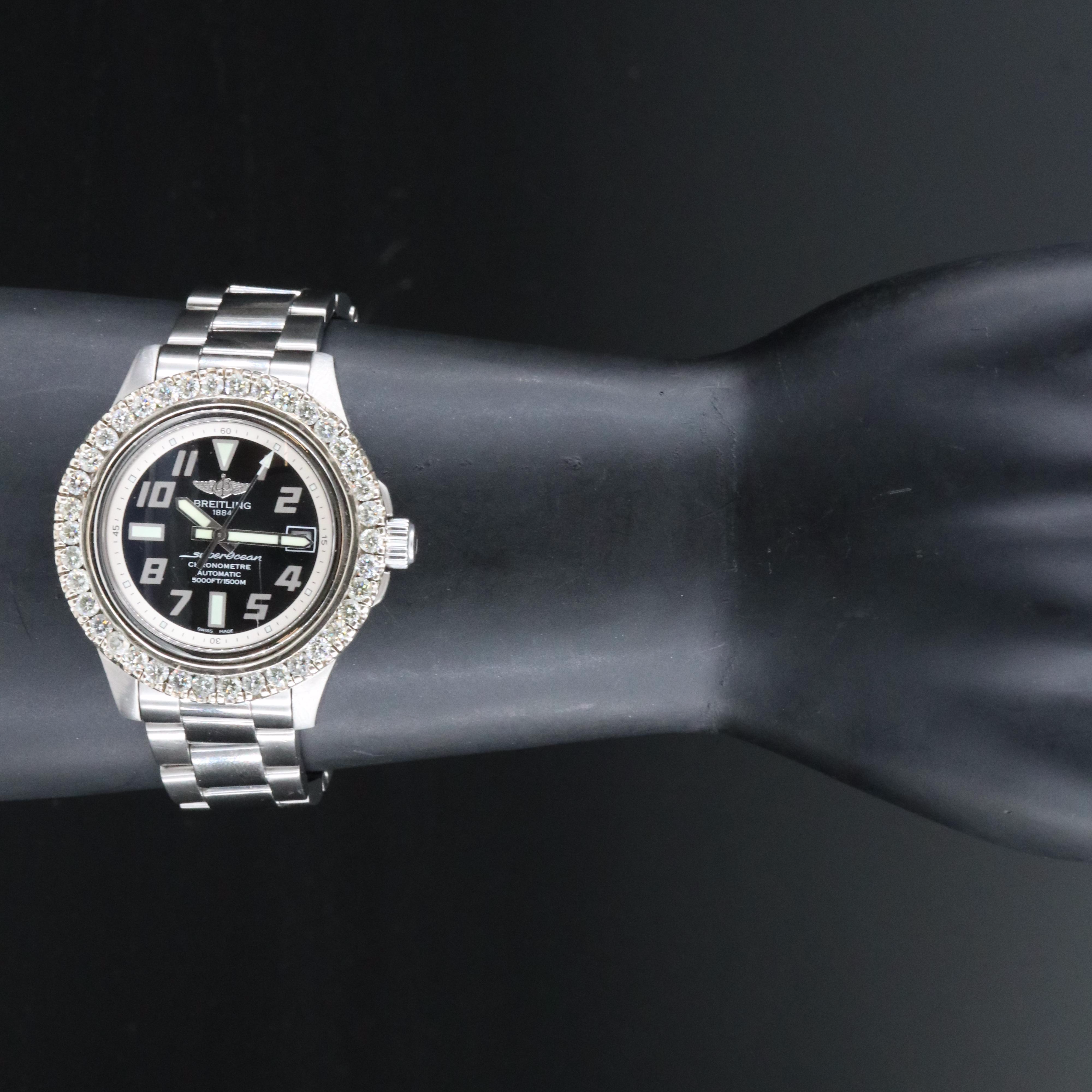 Breitling Superocean A17364 Custom 4.38CTW Diamond Bezel Steel Automatic Watch