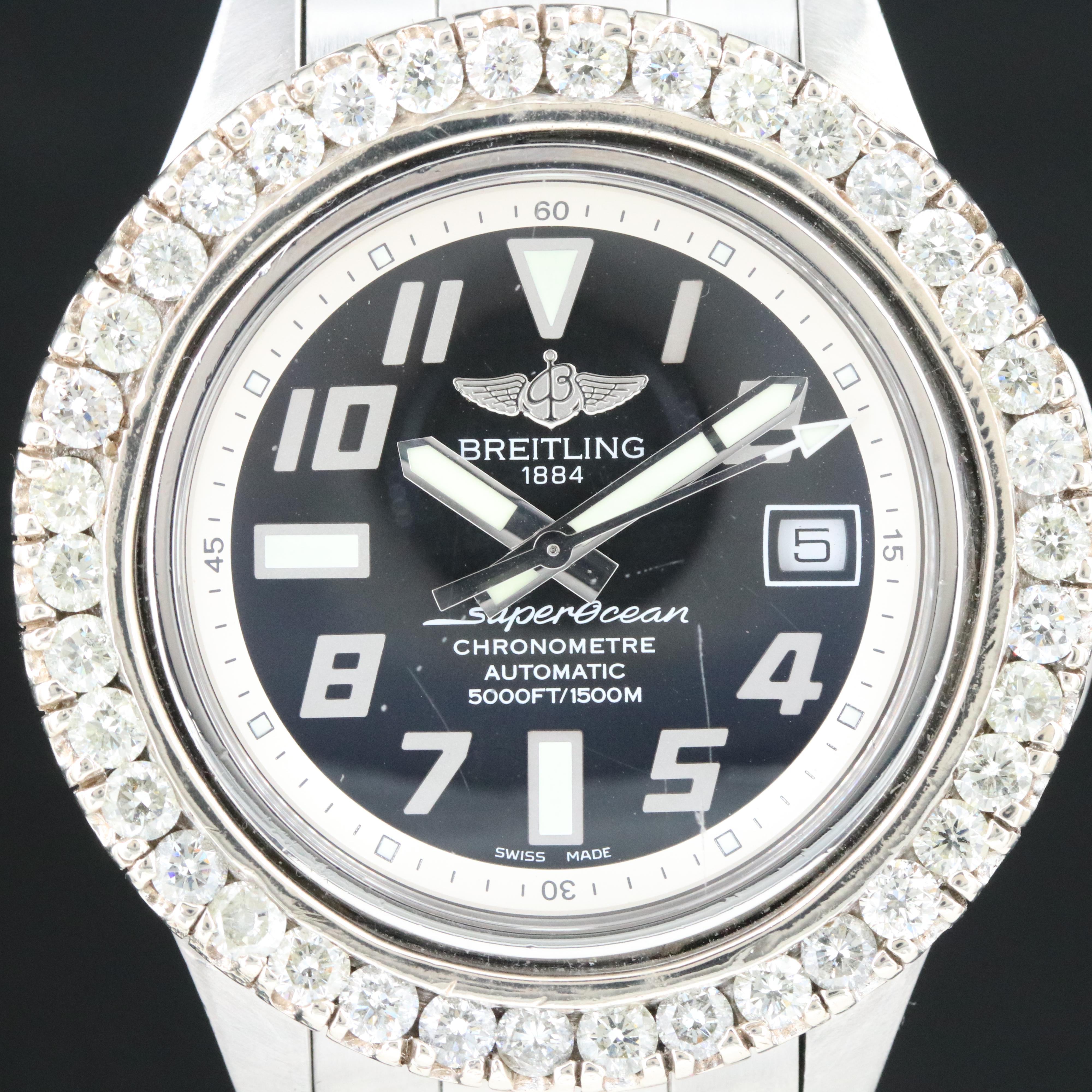Breitling Superocean A17364 Custom 4.38CTW Diamond Bezel Steel Automatic Watch