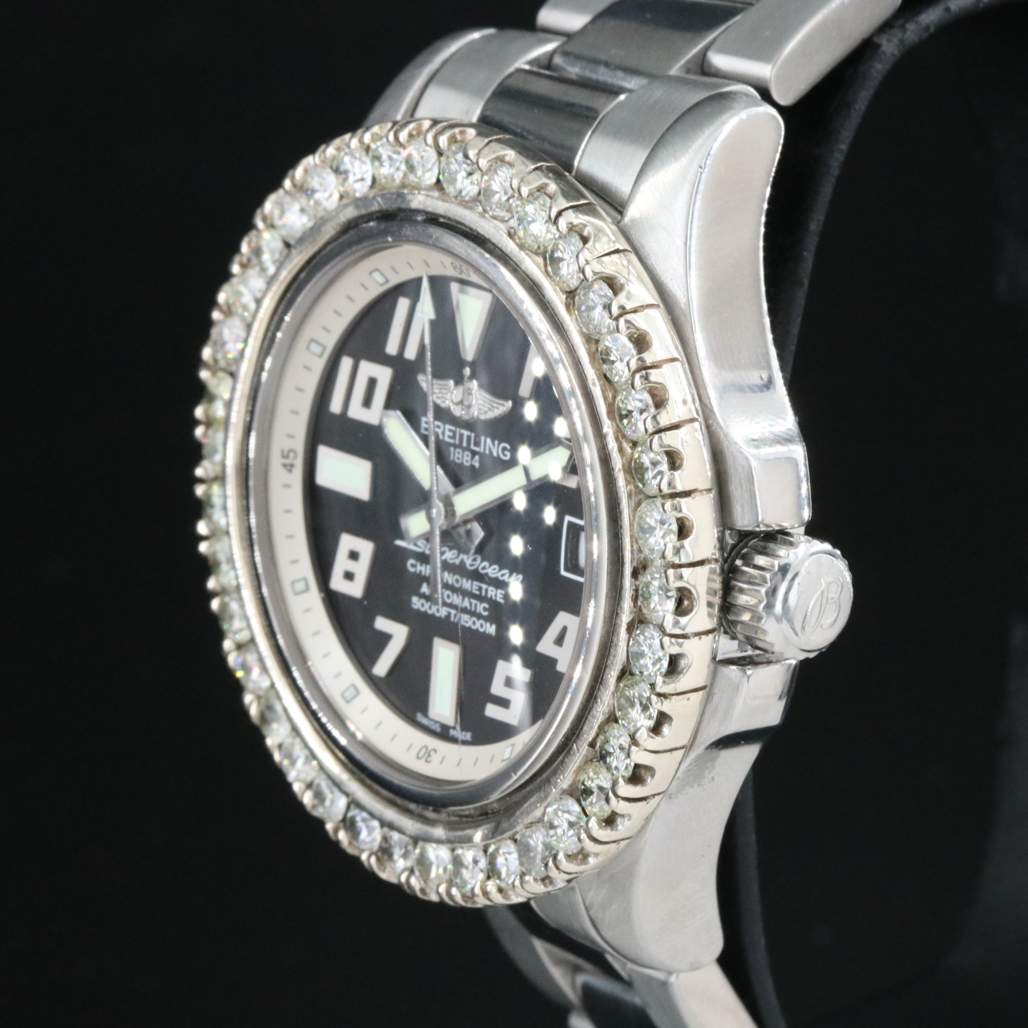 Breitling Superocean A17364 Custom 4.38CTW Diamond Bezel Steel Automatic Watch