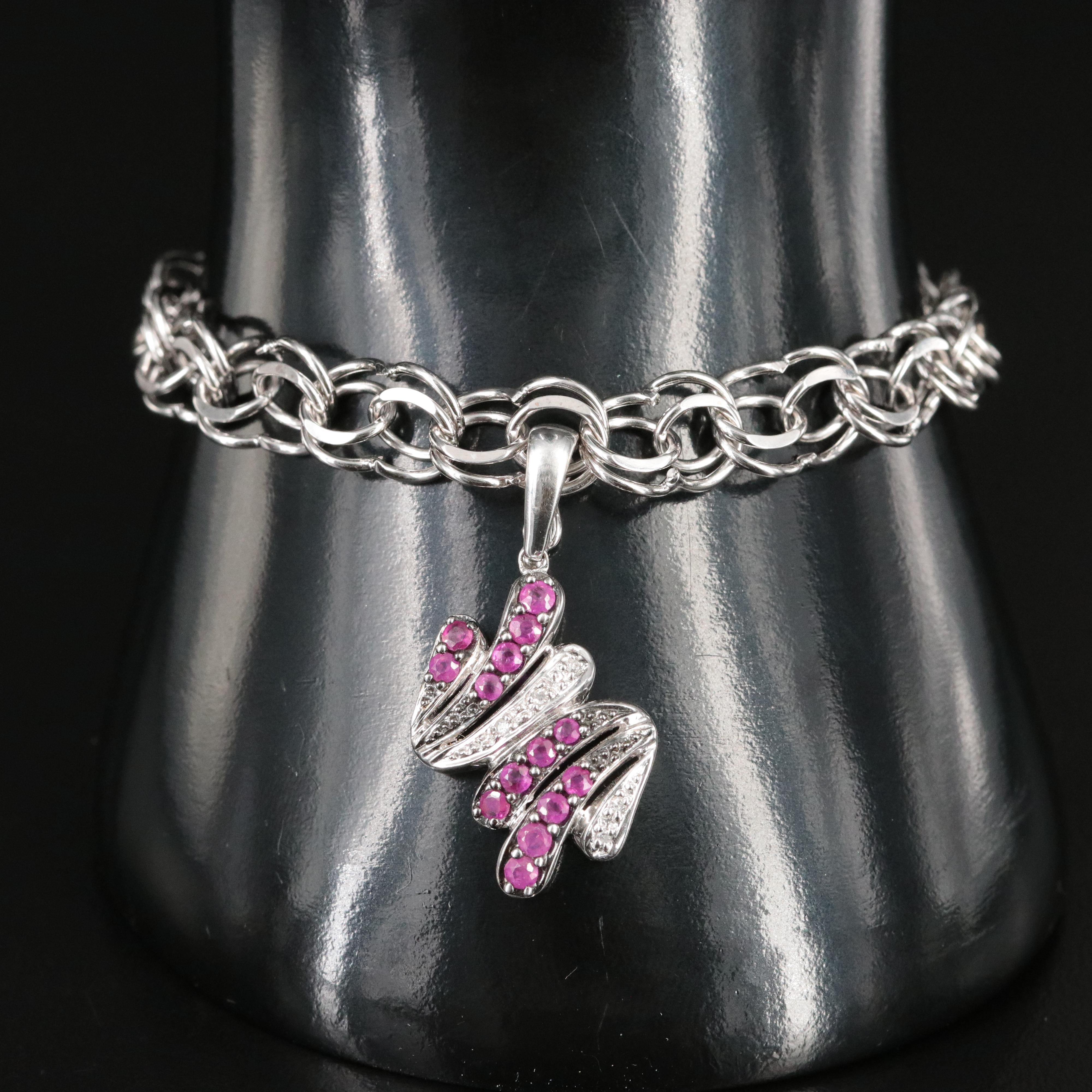 14K Ruby, Diamond Enhancer Pendant and Charm Bracelet