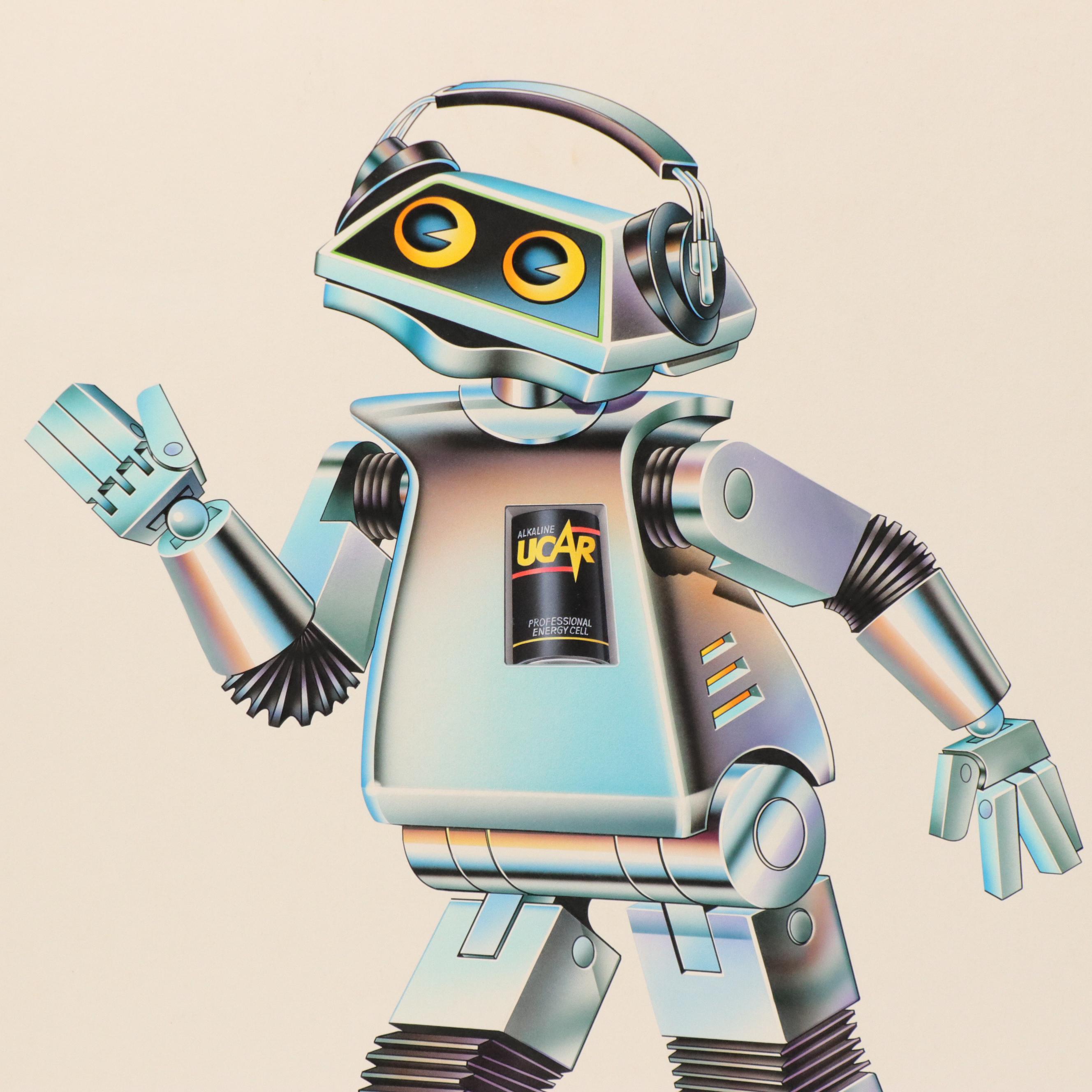 Airbrushed Acrylic Alkaline Battery Advertising Illustration, "UCAR" Robot