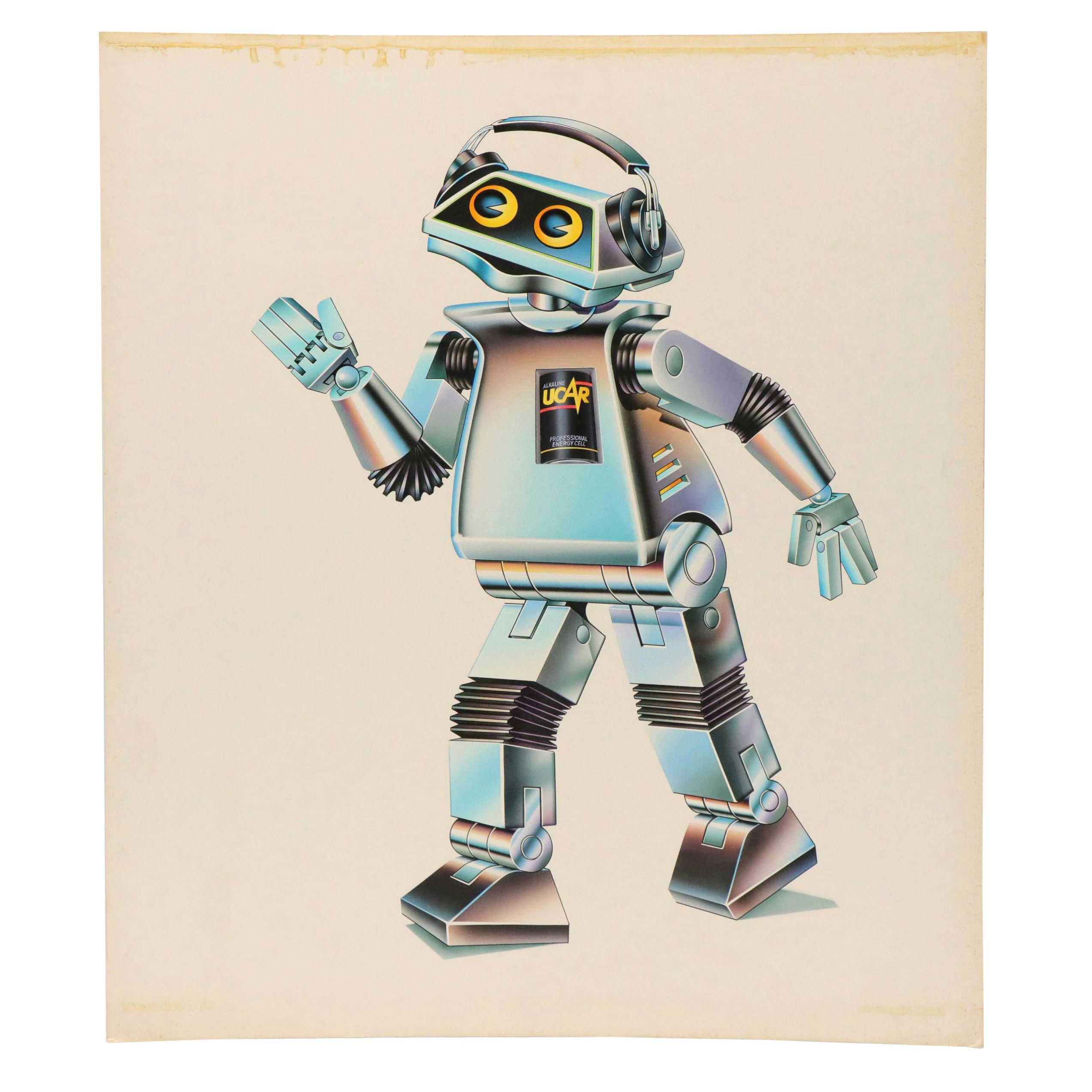 Airbrushed Acrylic Alkaline Battery Advertising Illustration, "UCAR" Robot