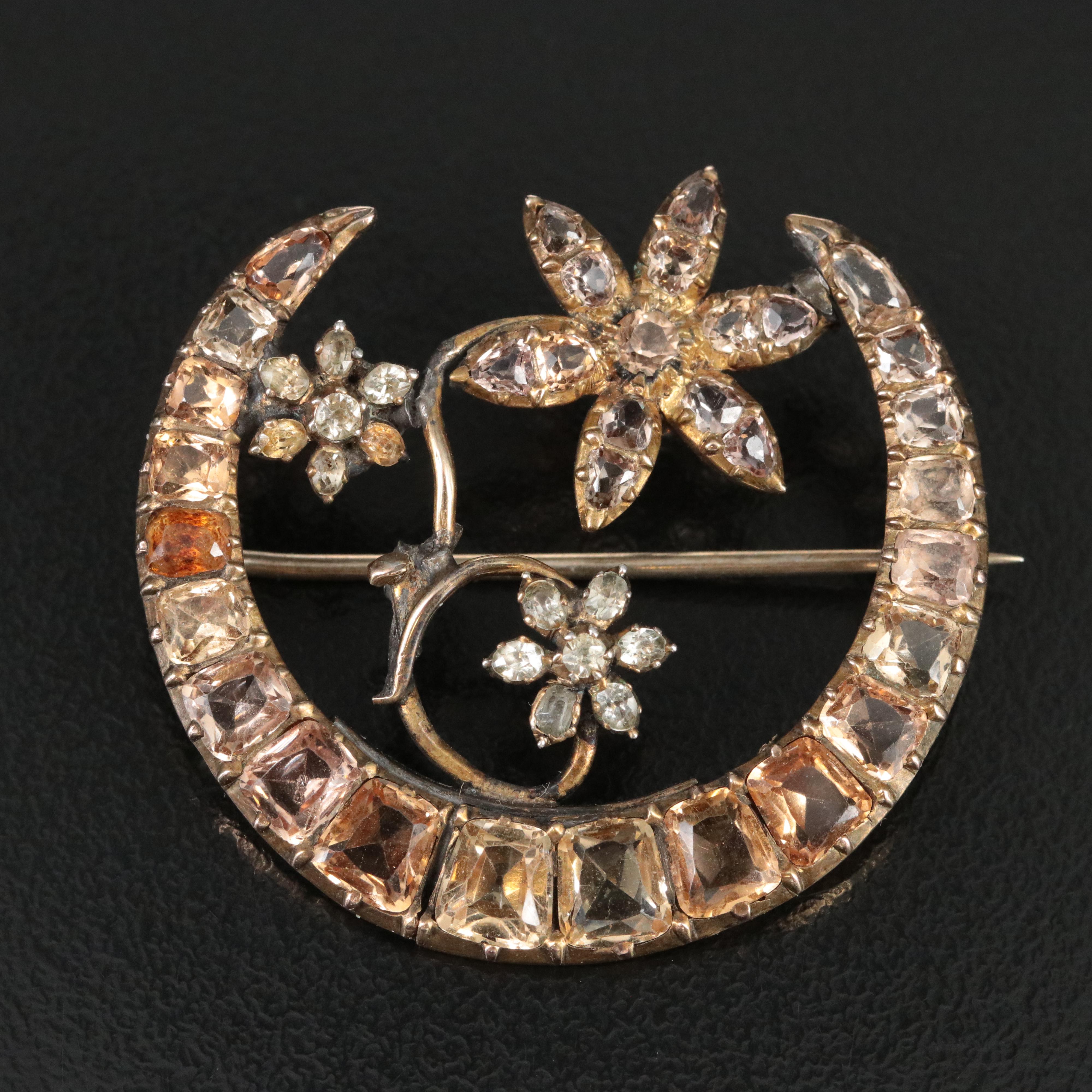 Citrine Victorian Floral Crescent Moon Converter Brooch