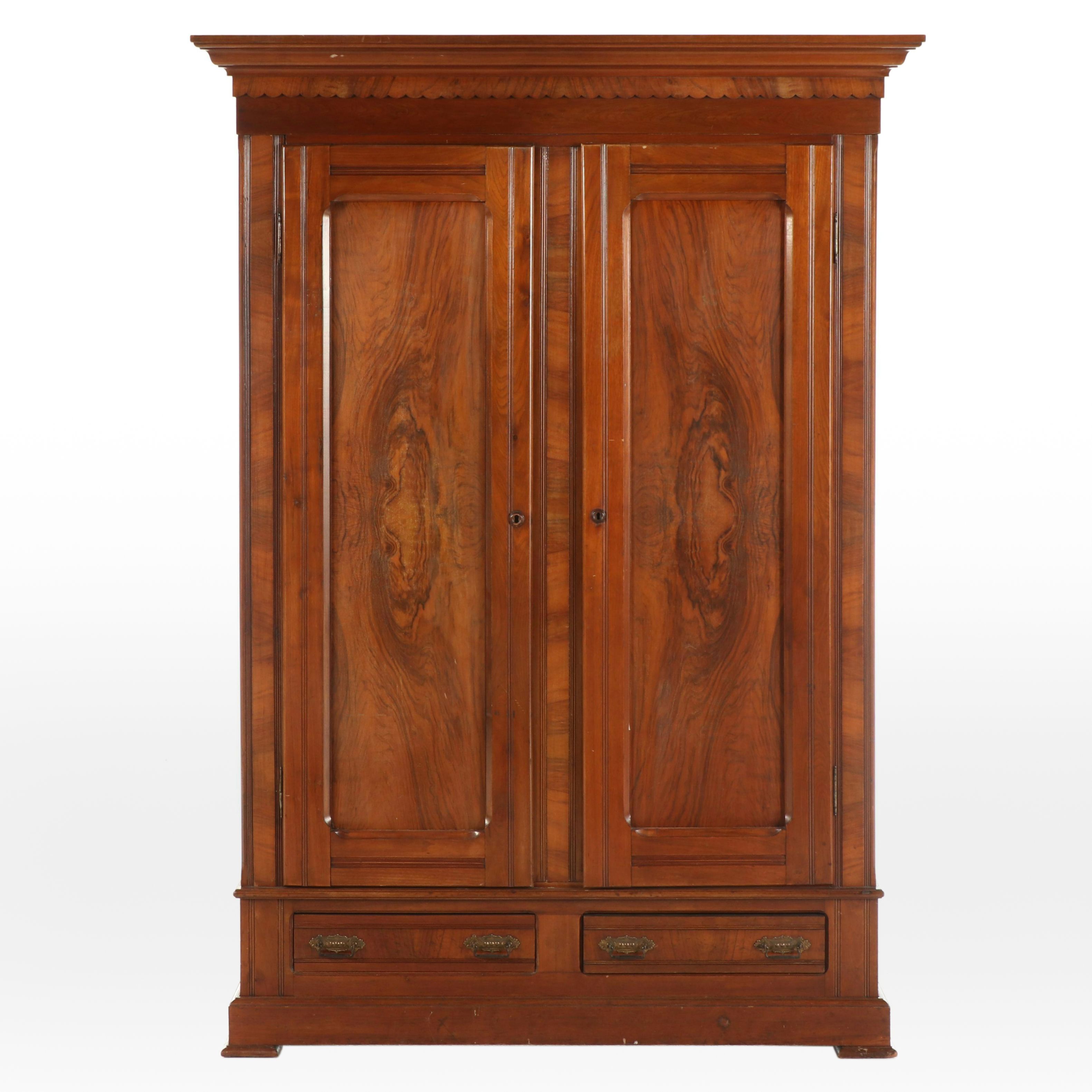 Victorian Walnut and Burl Walnut Wardrobe, Late 19th Century