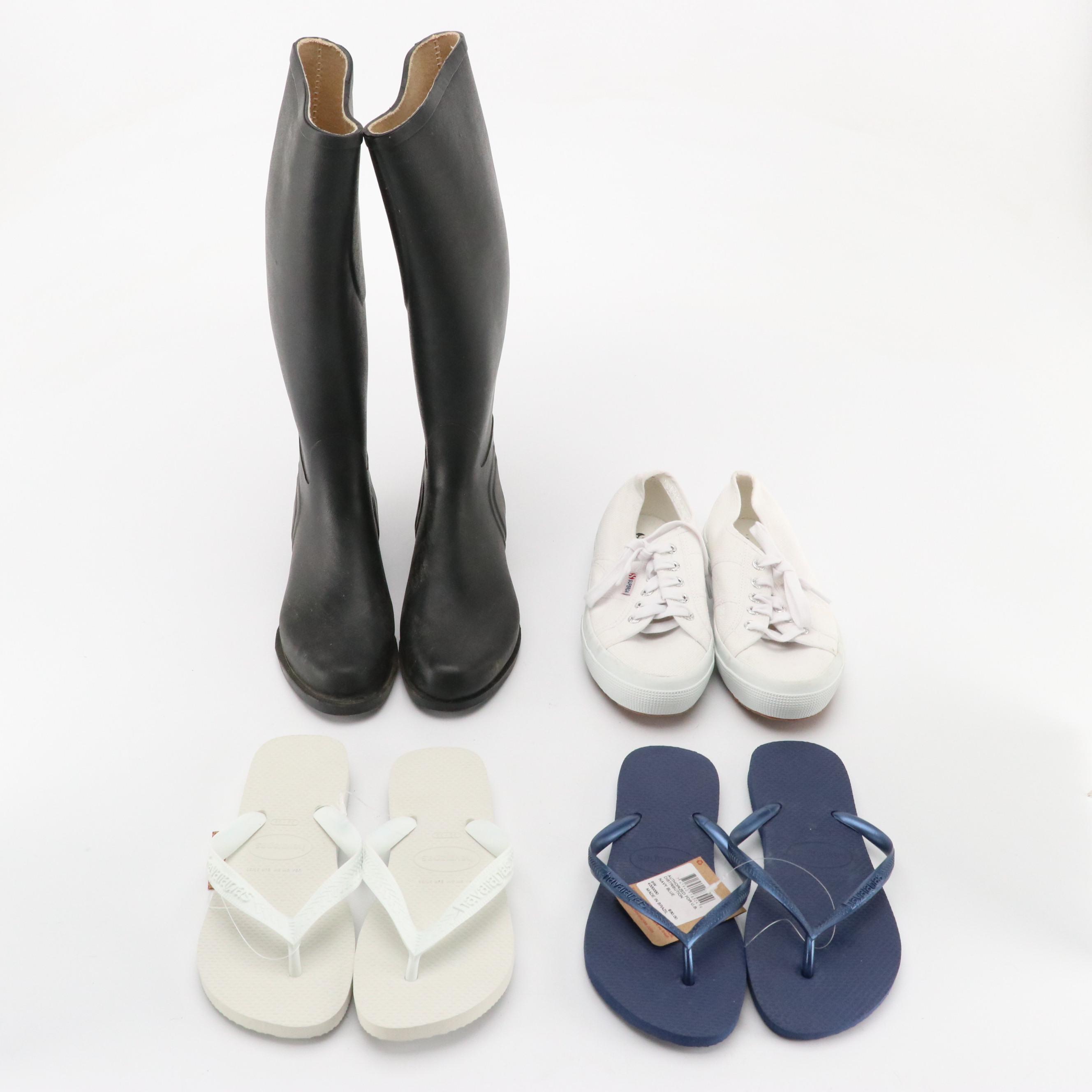 Miller's Rubber Riding Rain Boots, Superga Canvas Sneakers, Havaianas Flip-Flops