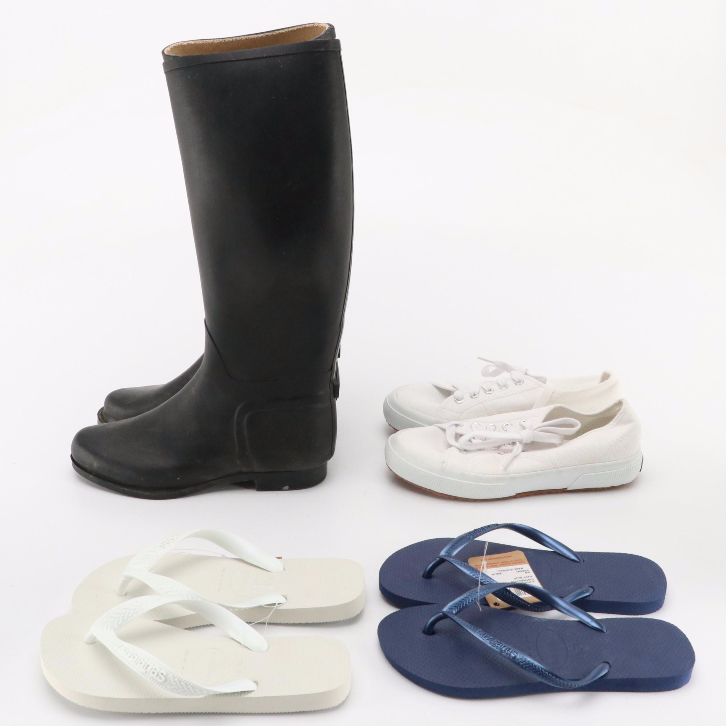 Miller's Rubber Riding Rain Boots, Superga Canvas Sneakers, Havaianas Flip-Flops