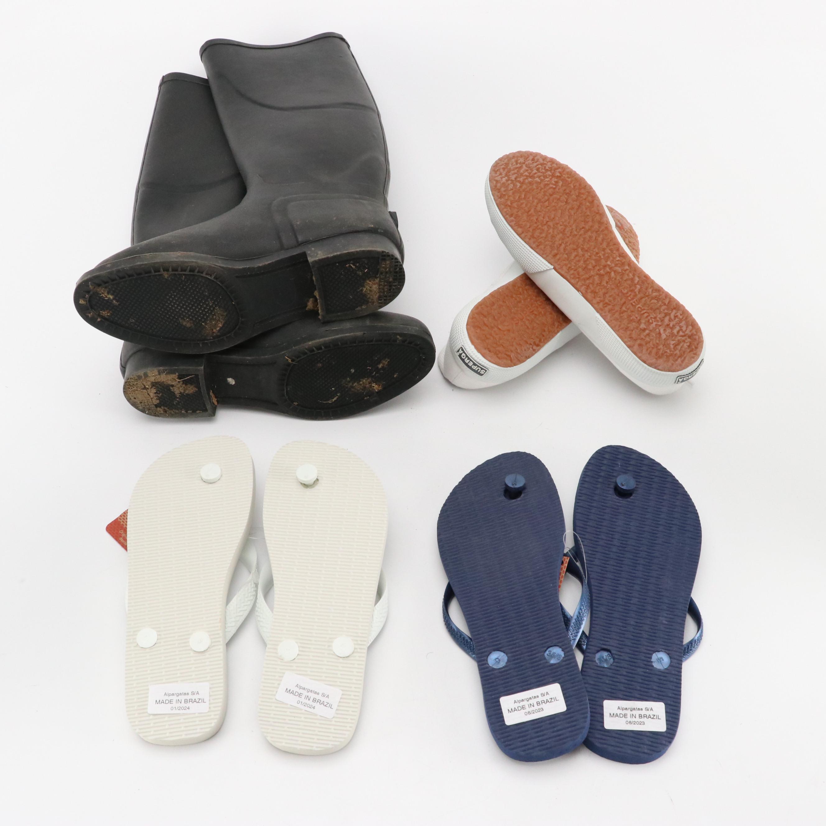 Miller's Rubber Riding Rain Boots, Superga Canvas Sneakers, Havaianas Flip-Flops
