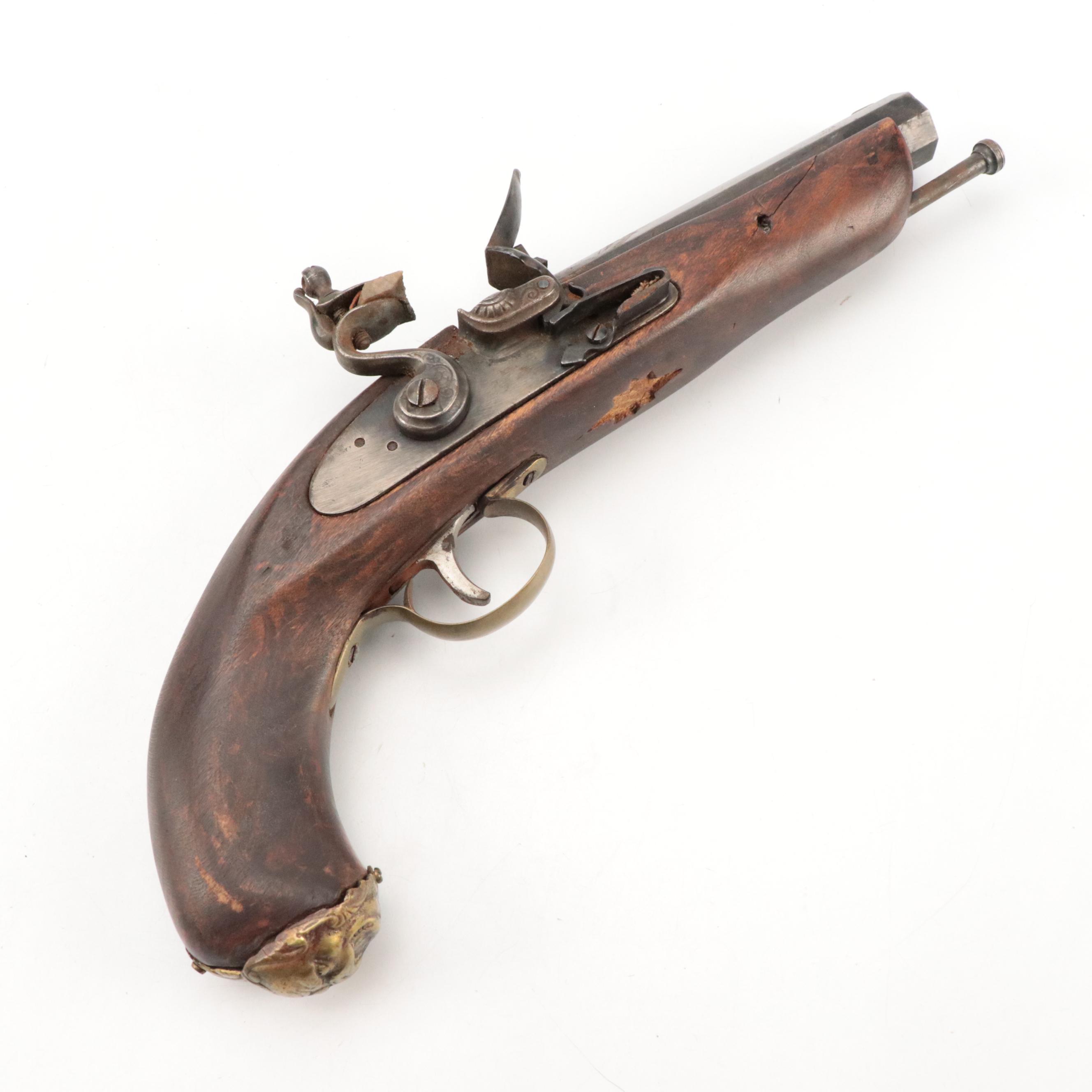 18th Century English Style Flintlock Pistol with Grotesque Butt Cap, Antique