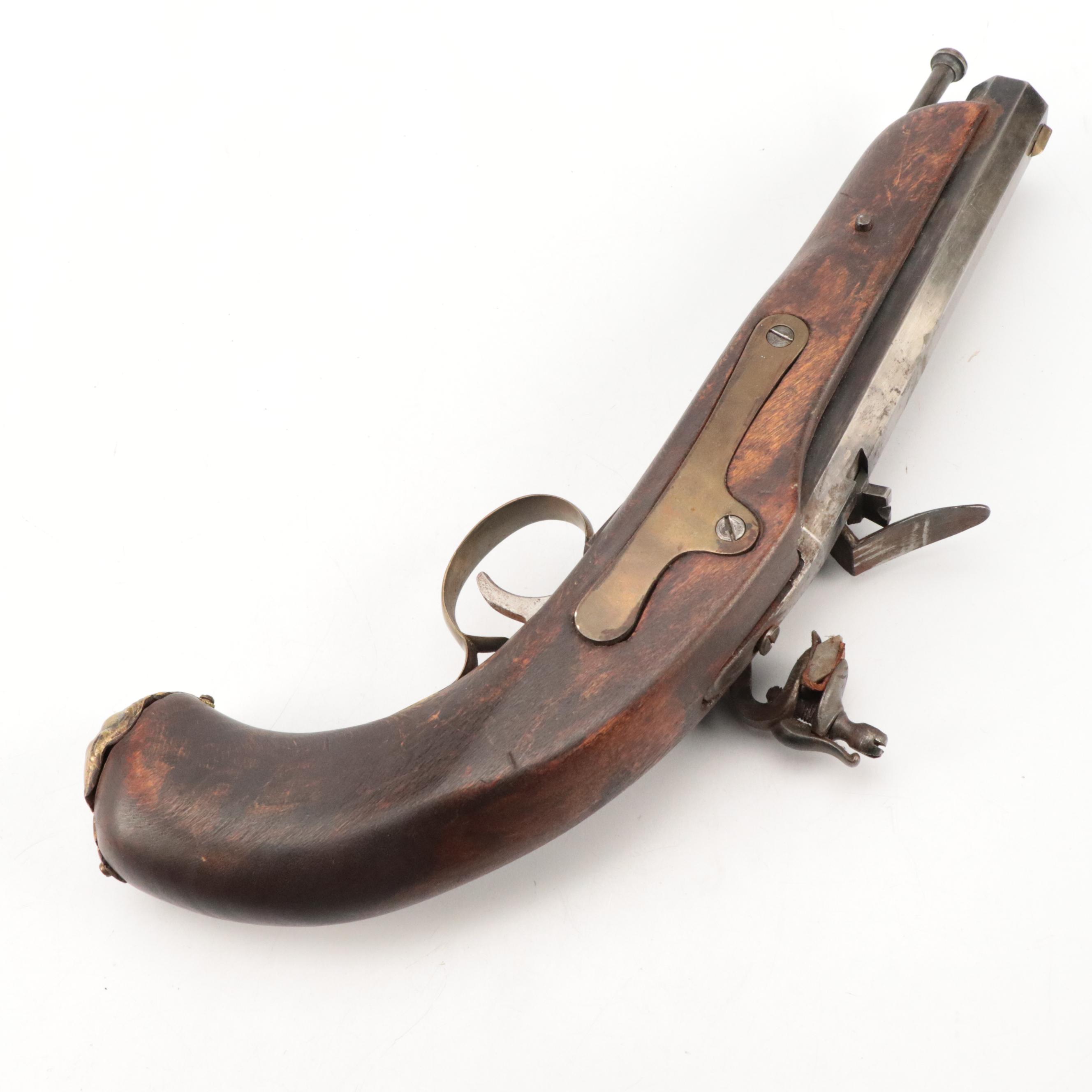 18th Century English Style Flintlock Pistol with Grotesque Butt Cap, Antique