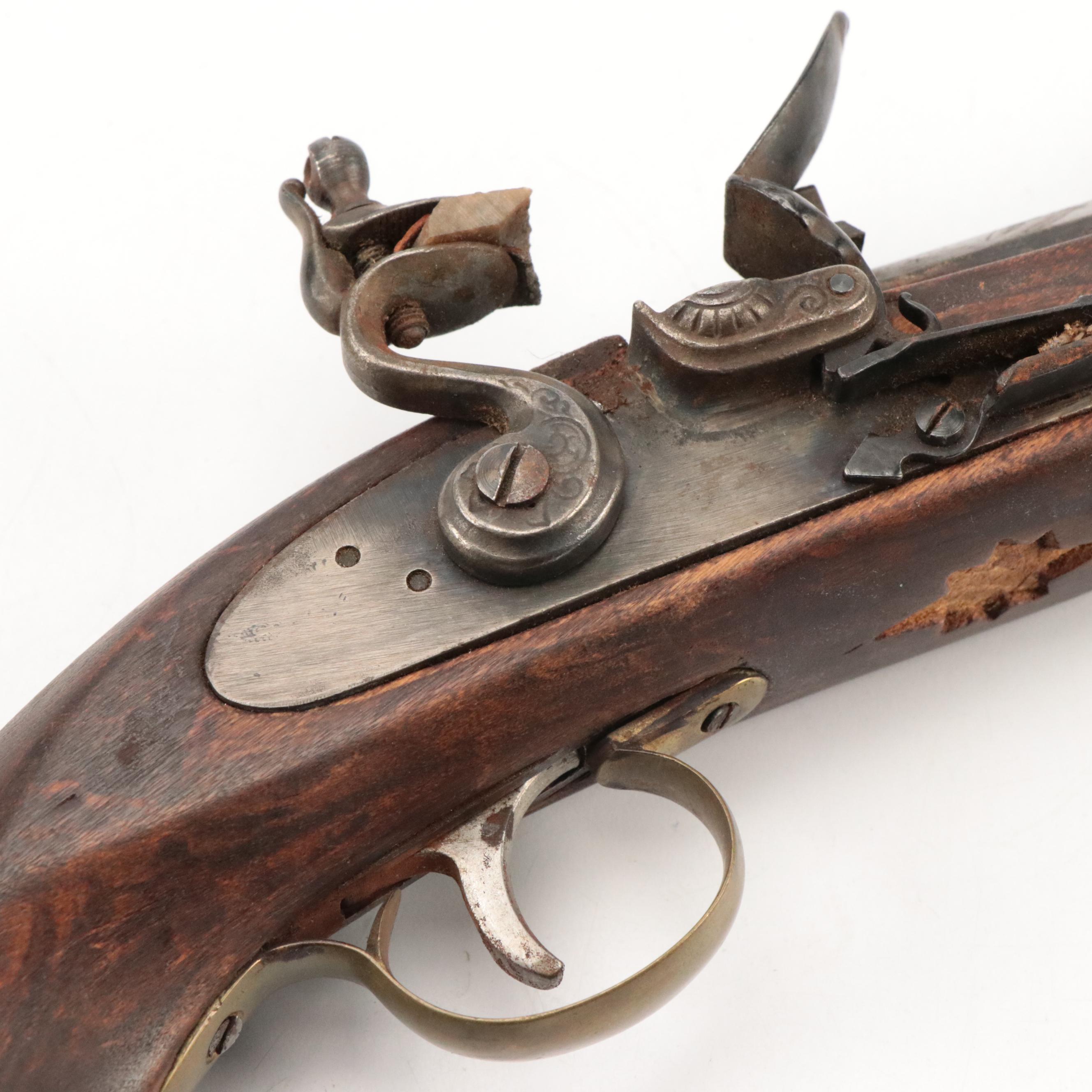 18th Century English Style Flintlock Pistol with Grotesque Butt Cap, Antique