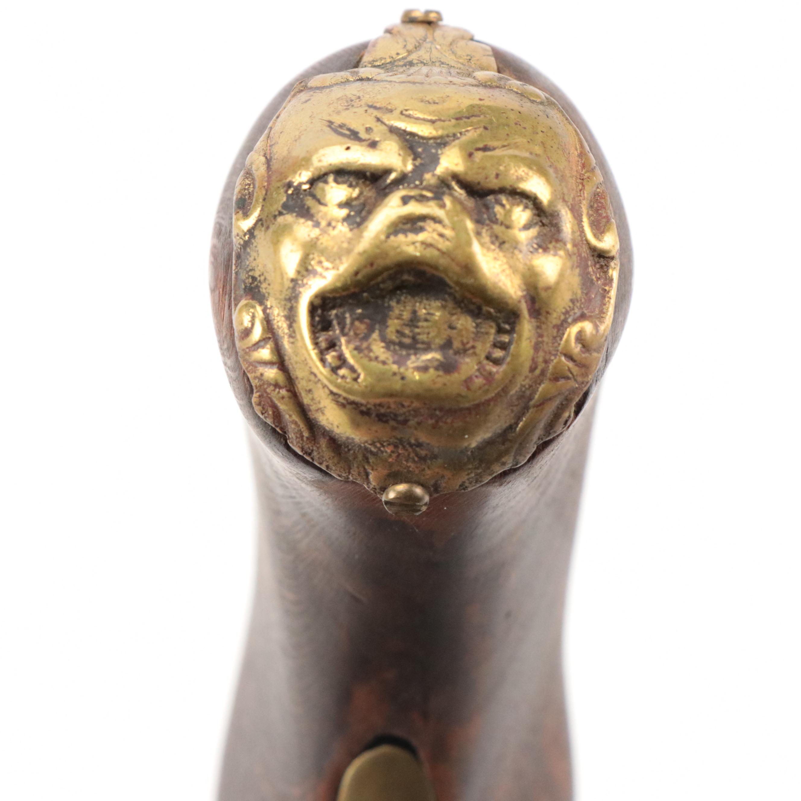 18th Century English Style Flintlock Pistol with Grotesque Butt Cap, Antique
