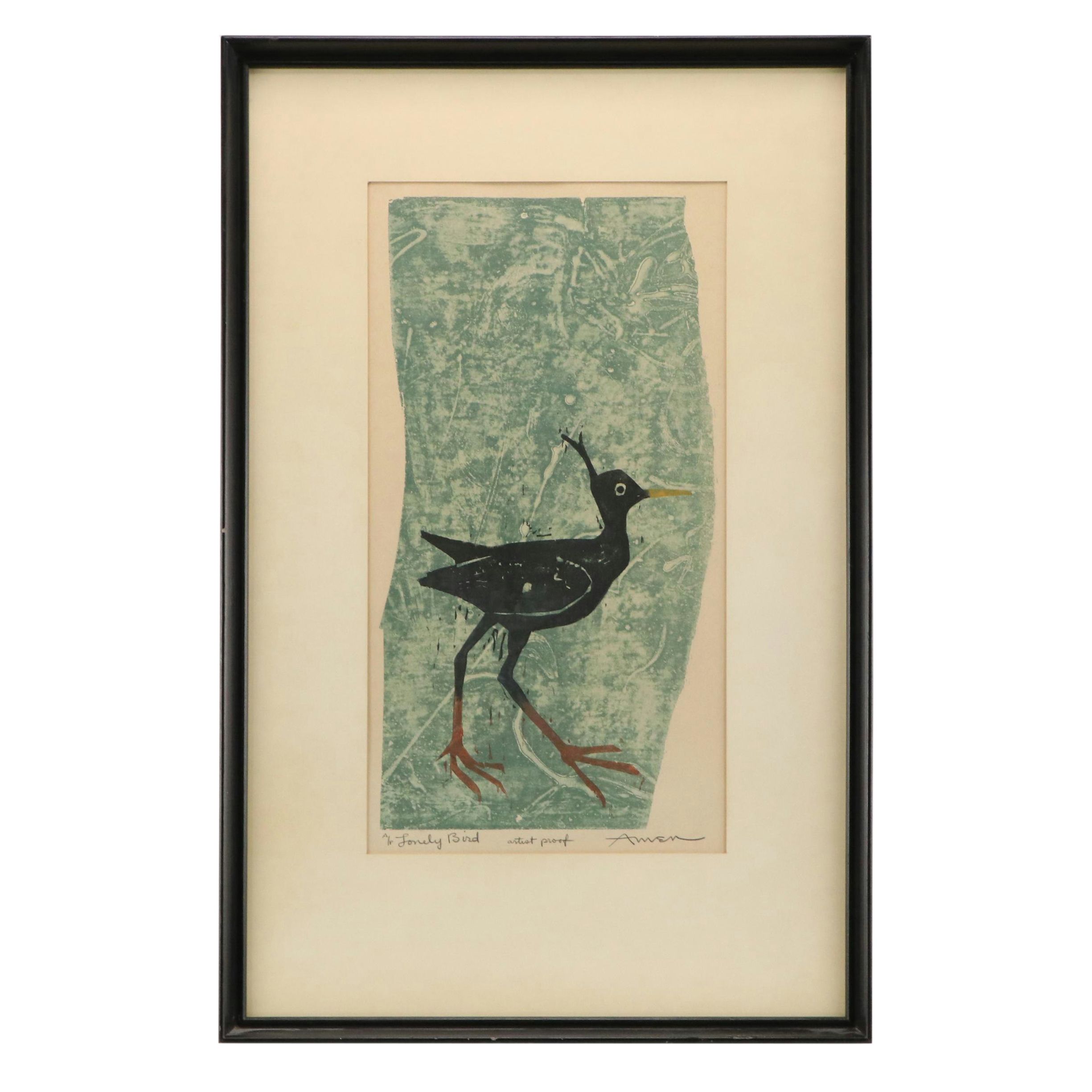 Irving Amen Woodcut "Lonely Bird," Late 20th Century