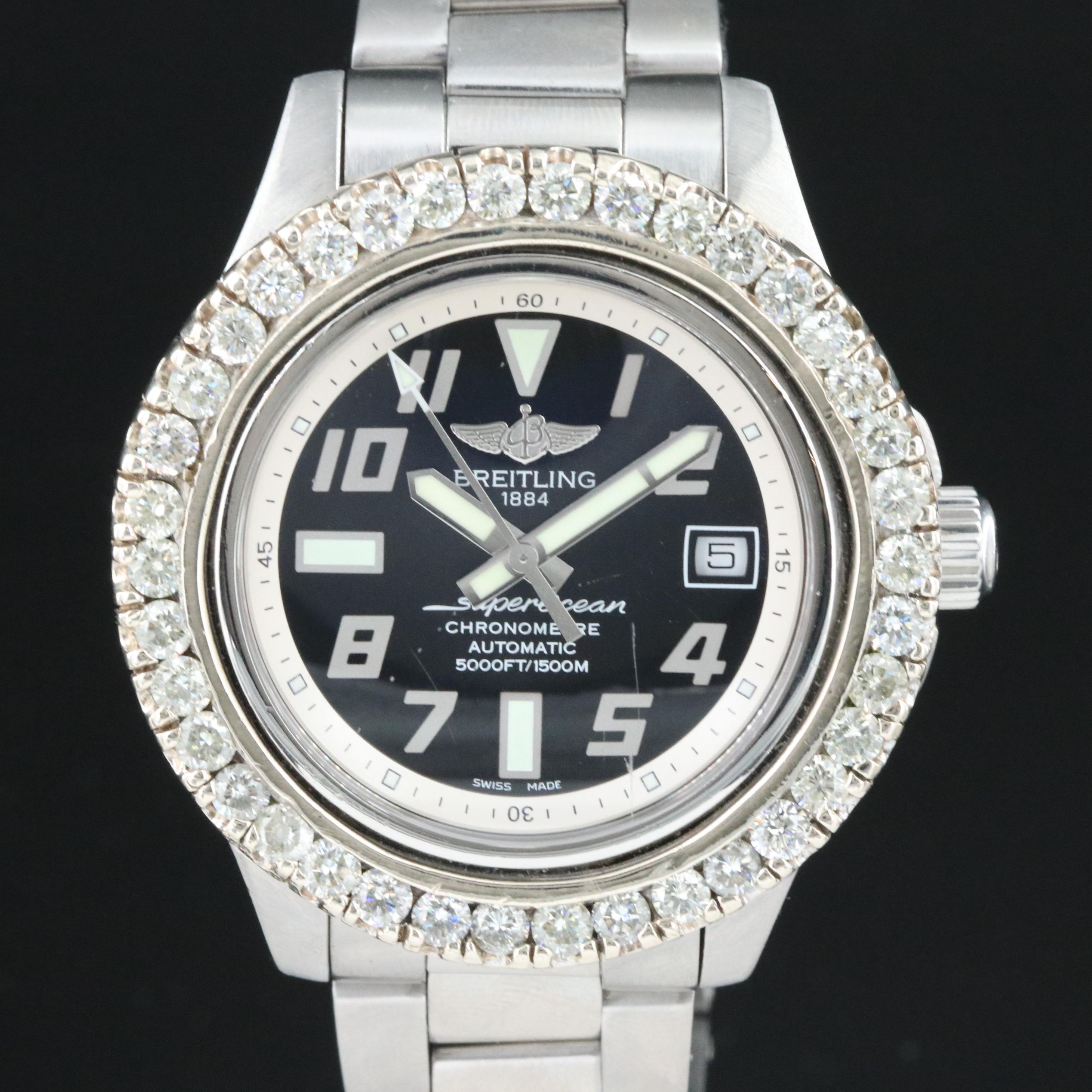 Breitling Superocean A17364 Custom 4.38CTW Diamond Bezel Steel Automatic Watch