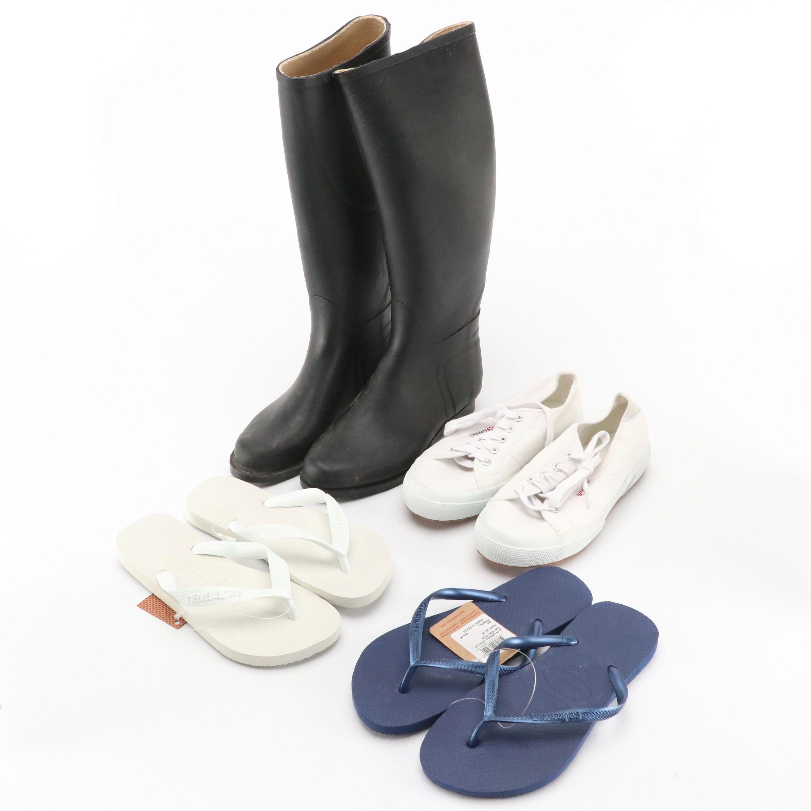 Miller's Rubber Riding Rain Boots, Superga Canvas Sneakers, Havaianas Flip-Flops