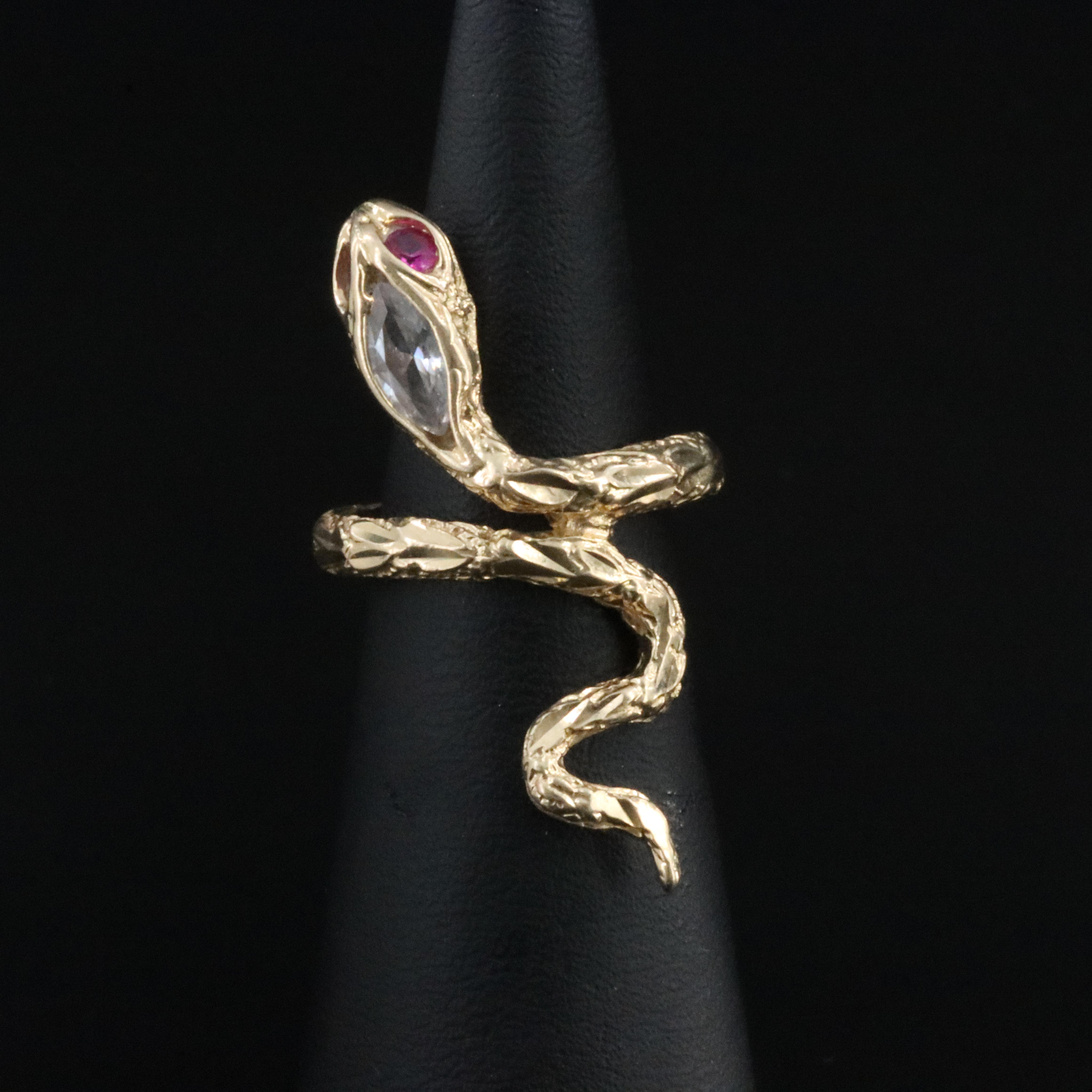 Vintage 14K Ruby and CZ Snake Ring