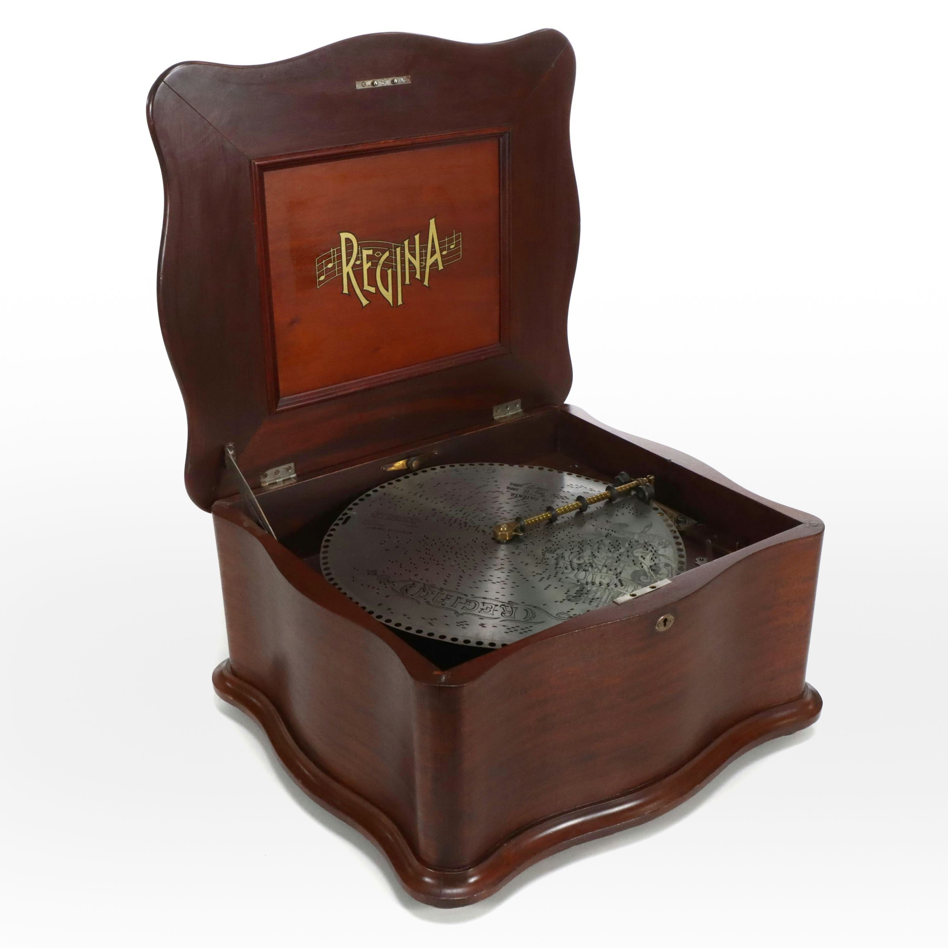Regina Music Box Co. Finished Wood Disc Music Box with 15.5" Metal Discs