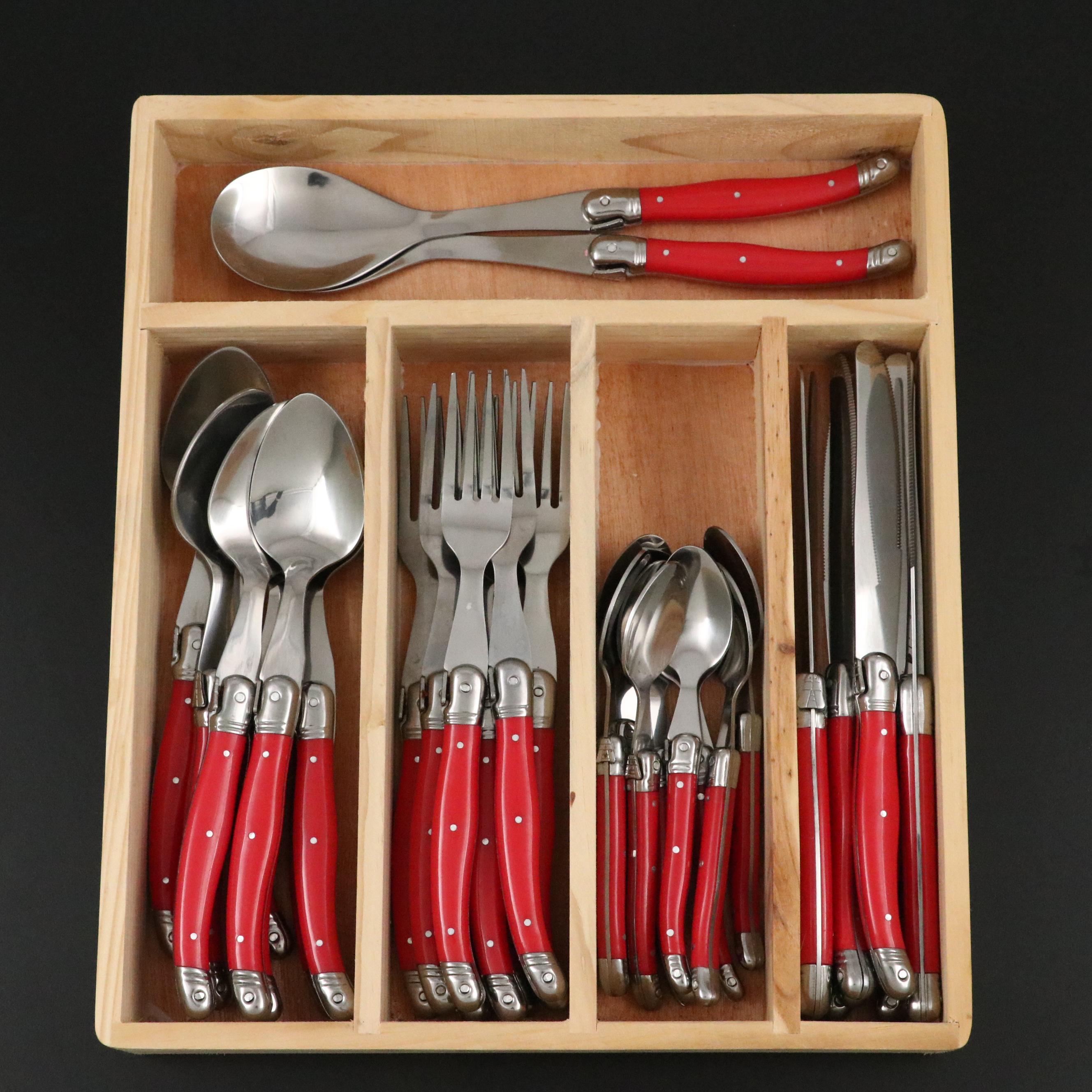 Jean Dubost Laguiole Red Handled Flatware and Wooden Organizer