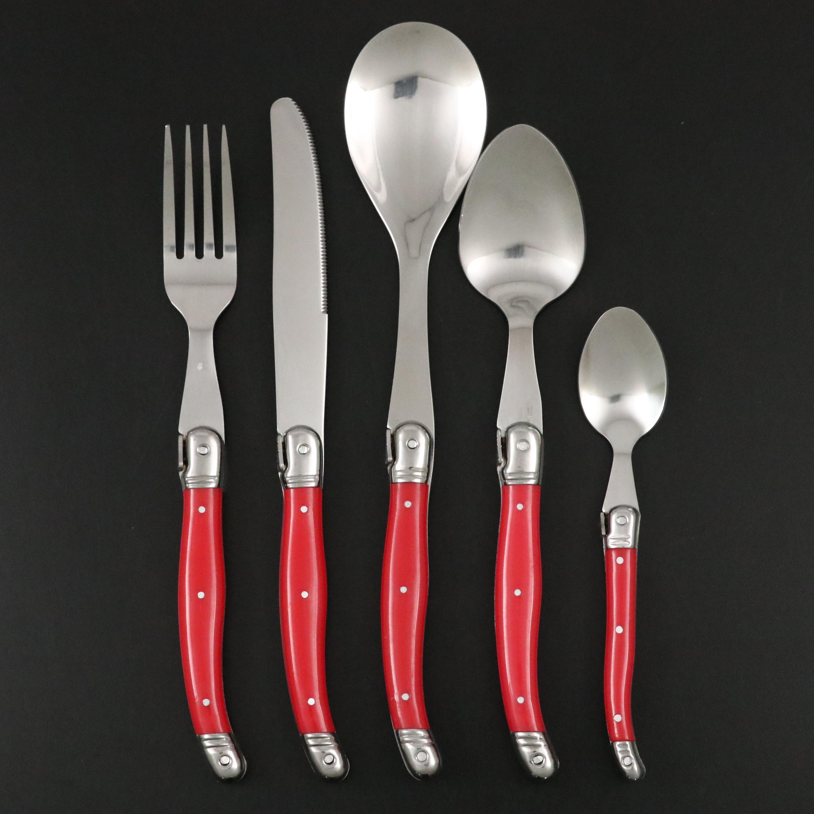Jean Dubost Laguiole Red Handled Flatware and Wooden Organizer