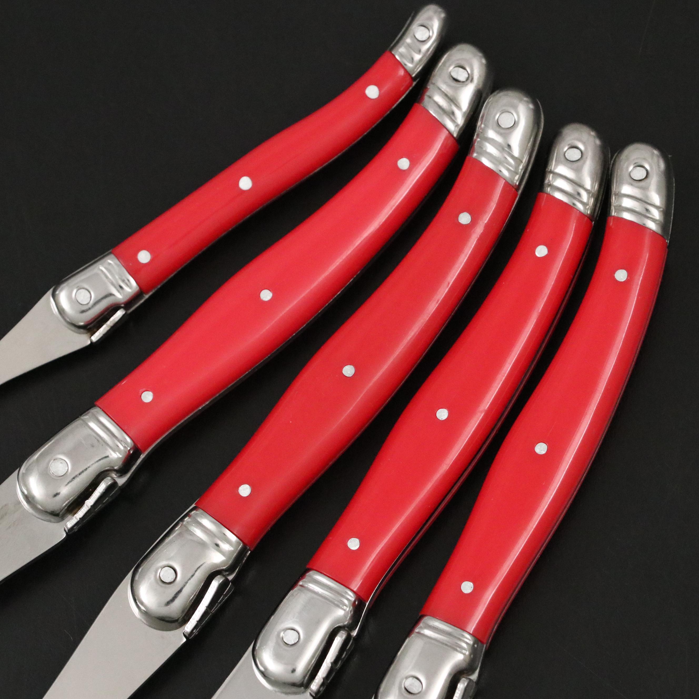 Jean Dubost Laguiole Red Handled Flatware and Wooden Organizer