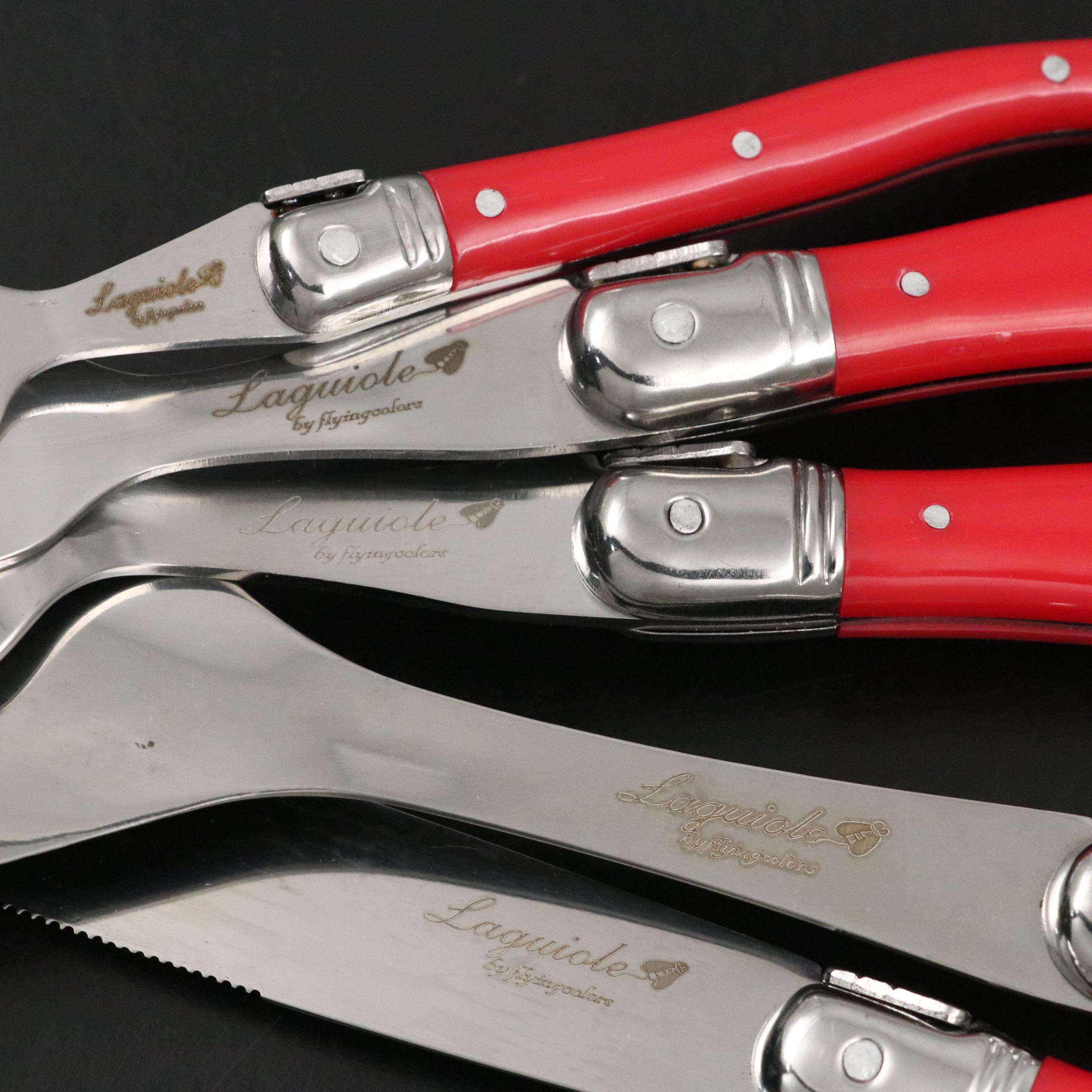 Jean Dubost Laguiole Red Handled Flatware and Wooden Organizer