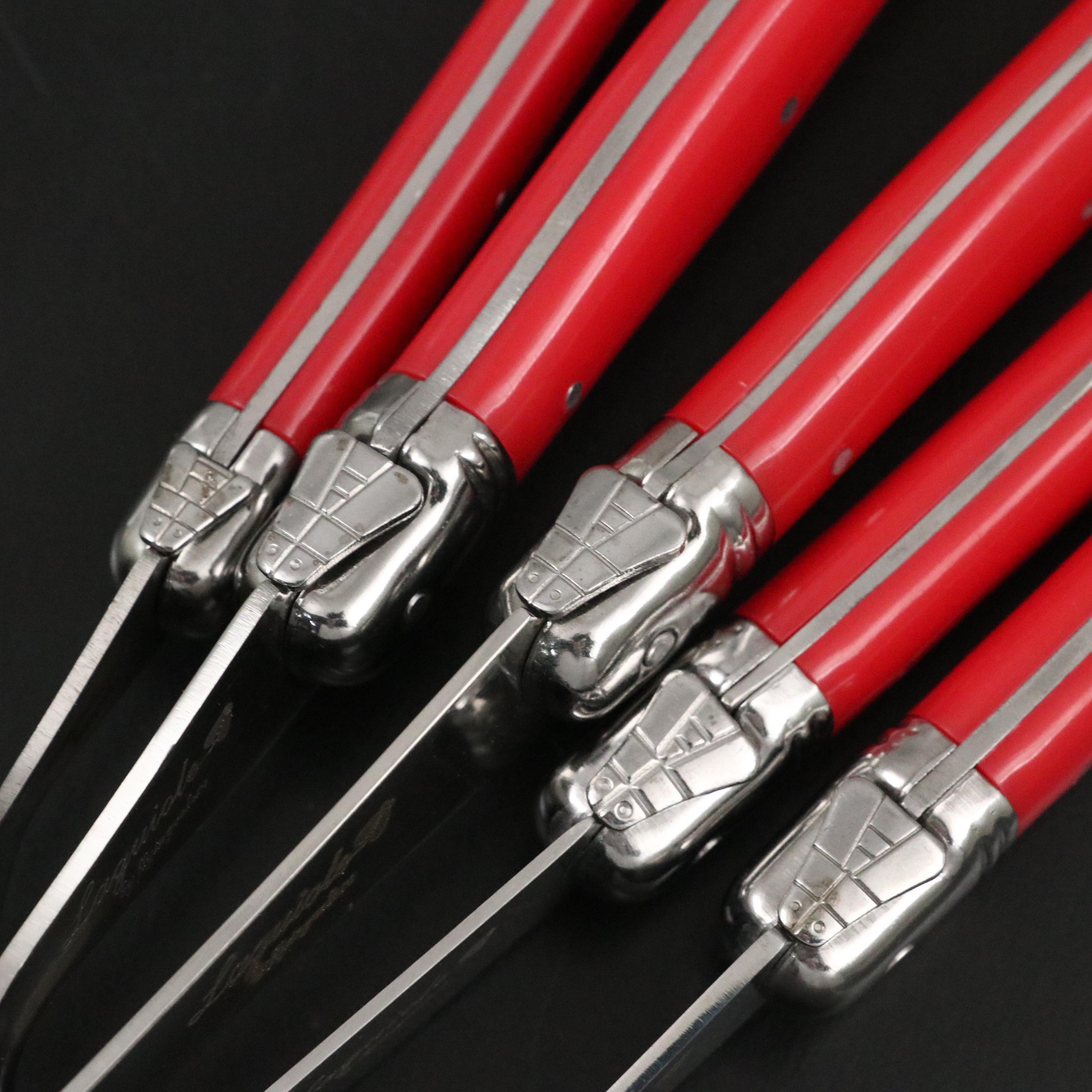 Jean Dubost Laguiole Red Handled Flatware and Wooden Organizer