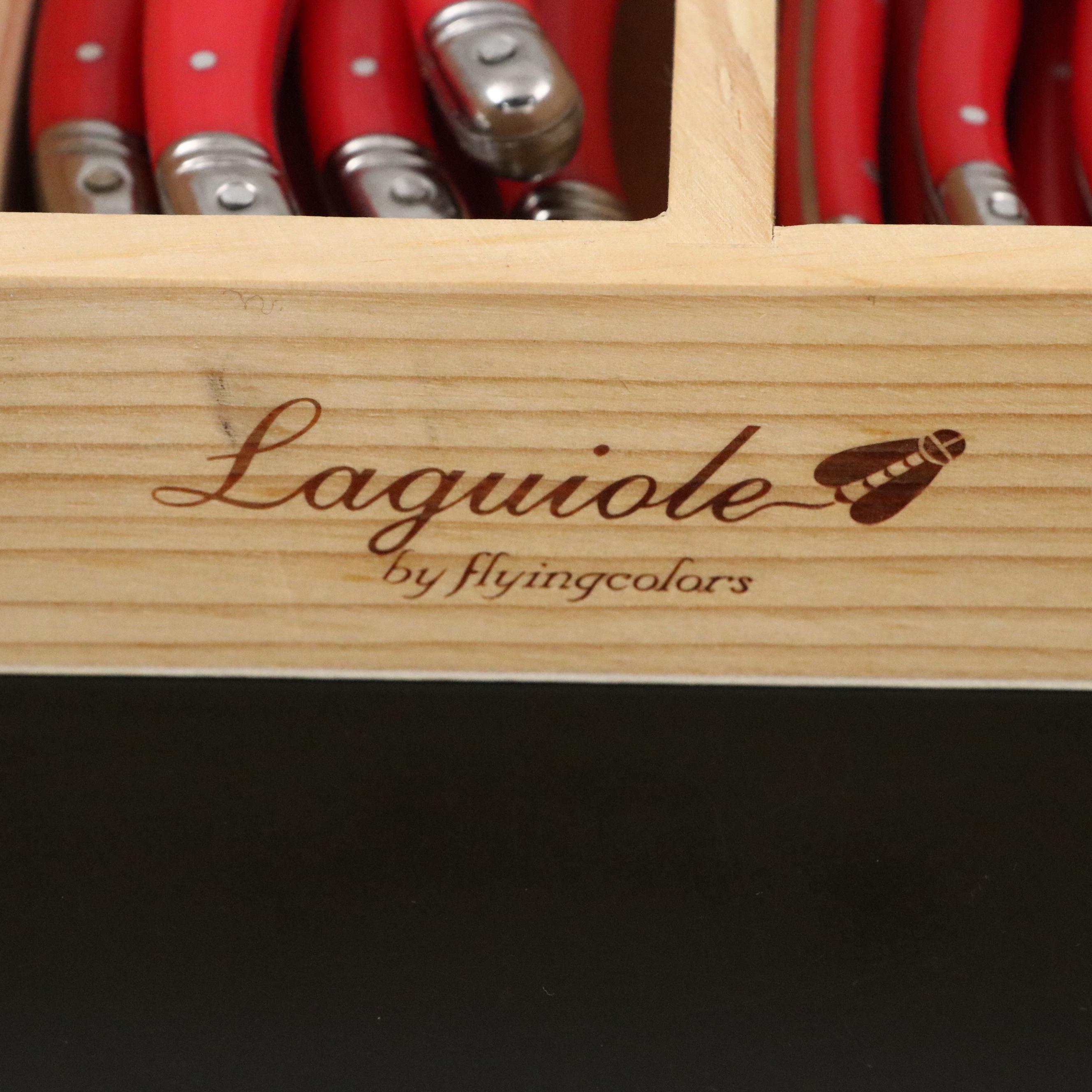 Jean Dubost Laguiole Red Handled Flatware and Wooden Organizer