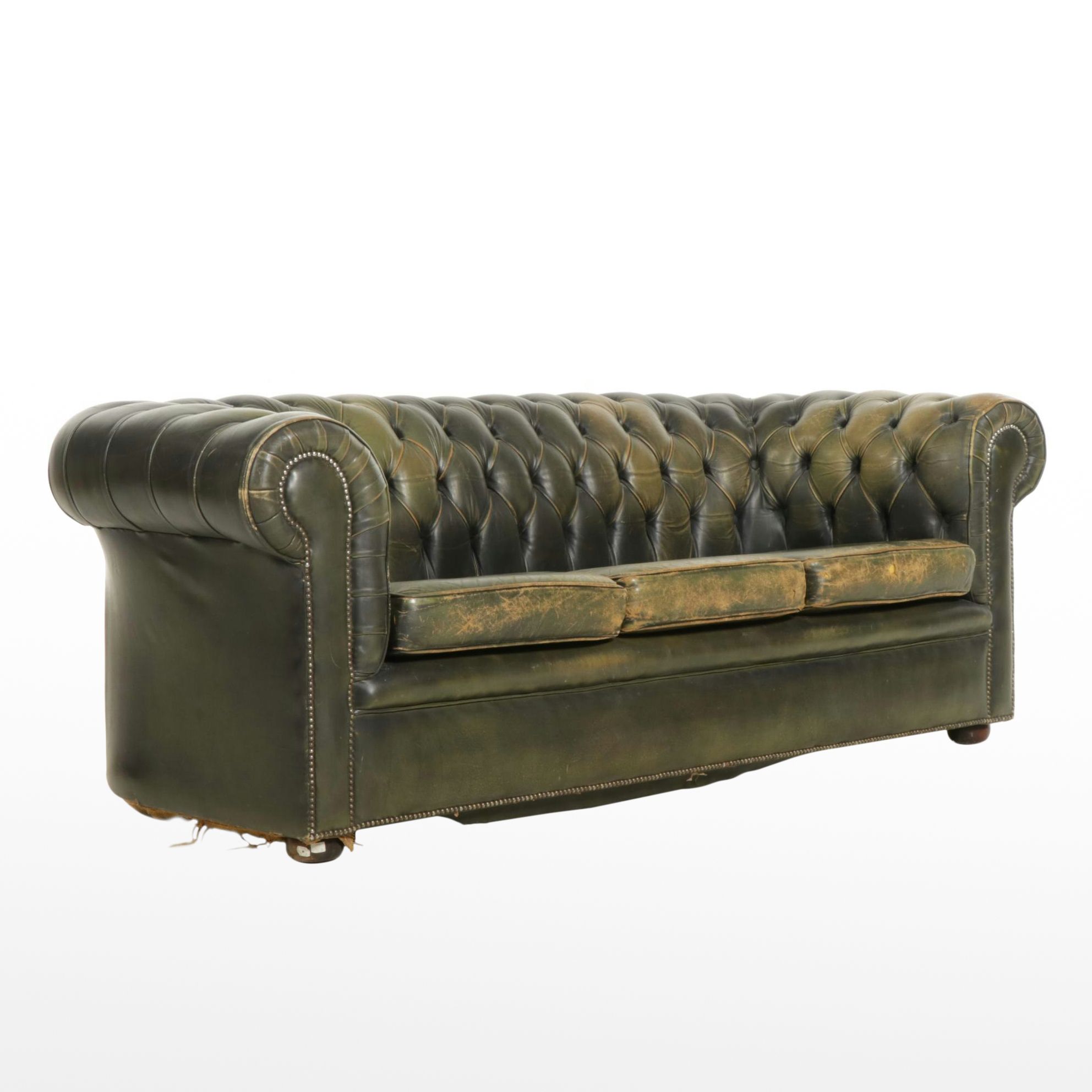 Chesterfield Style Green Leather Sofa, Early to Mid-20th Century