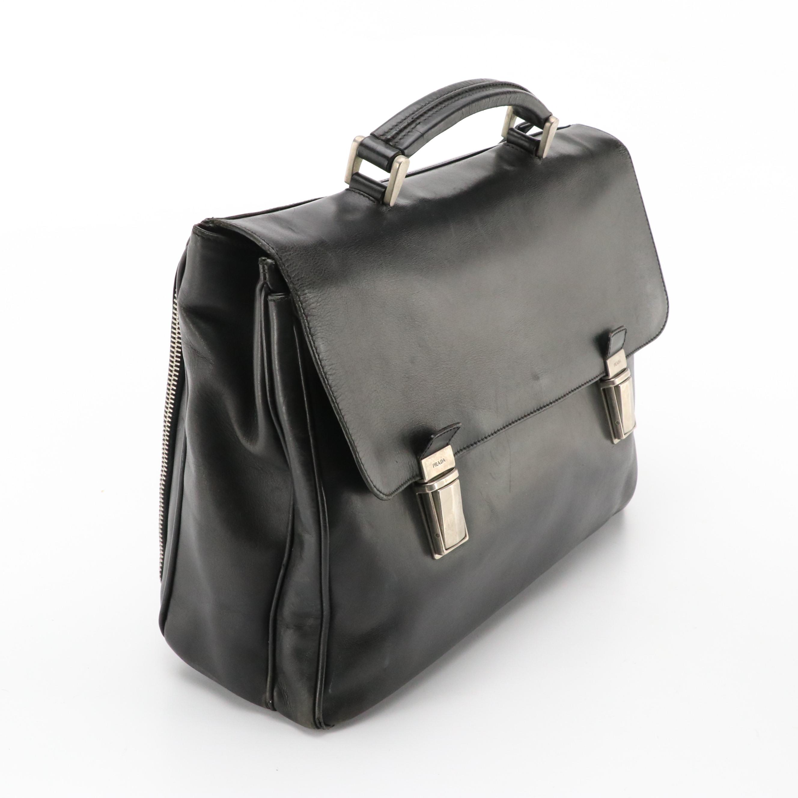 Prada Top Handle Messenger Business Bag in Black Leather
