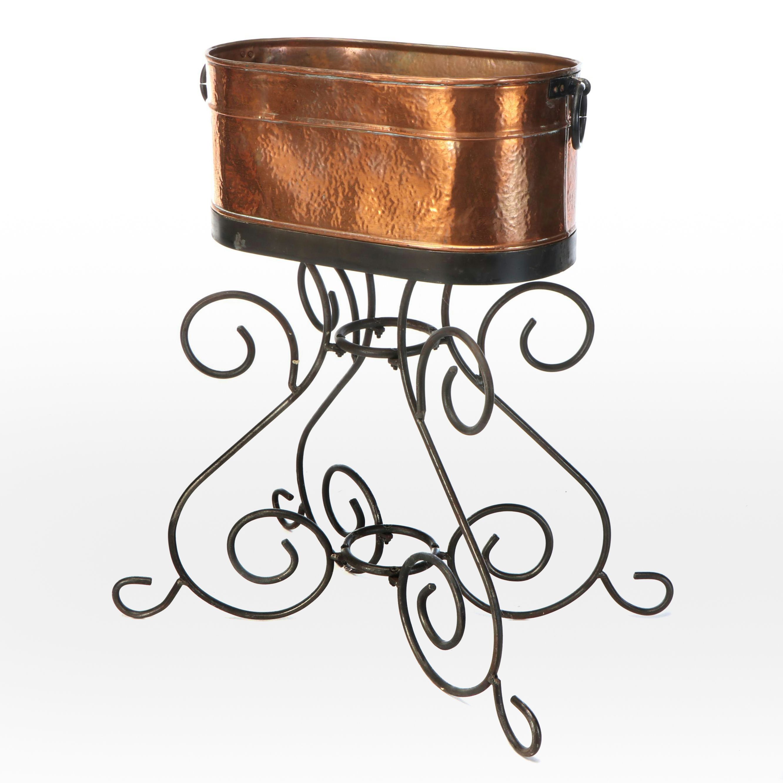 Hammered Copper Planter with Filigree Motif Cast Iron Plant Stand